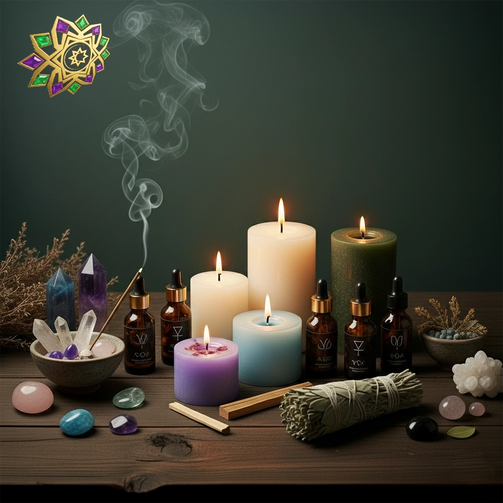 Bodegón ritual con velas encendidas, frascos cuentagotas de esencias, incienso humeante, cristales, palo santo y atado de salvia sobre mesa de madera.