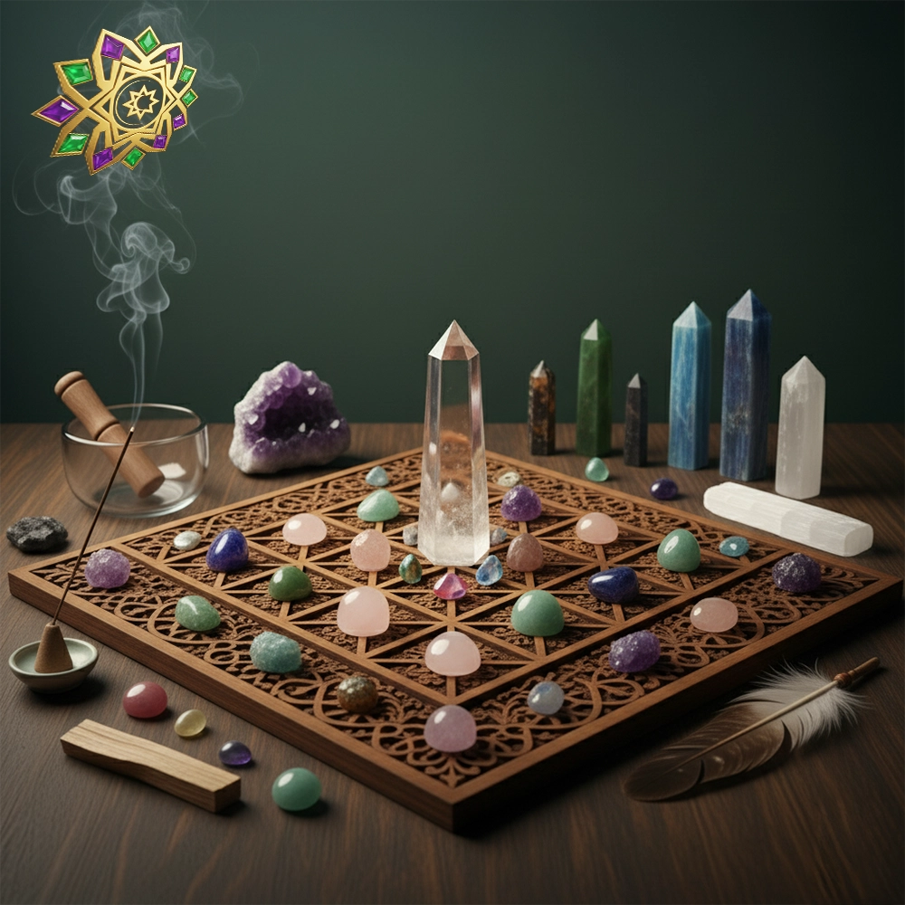 Rejilla de cristal tallada en madera con punta de cuarzo central, piedras pulidas de colores, geoda amatista, varitas de selenita e incienso humeante.