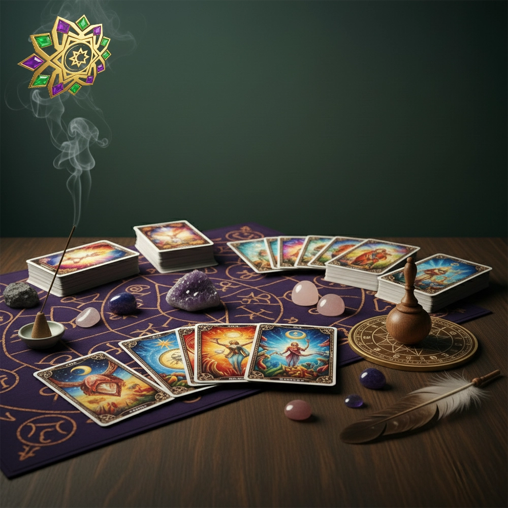 Bodegón ritual con velas encendidas, frascos cuentagotas de esencias, incienso humeante, cristales, palo santo y atado de salvia sobre mesa de madera.