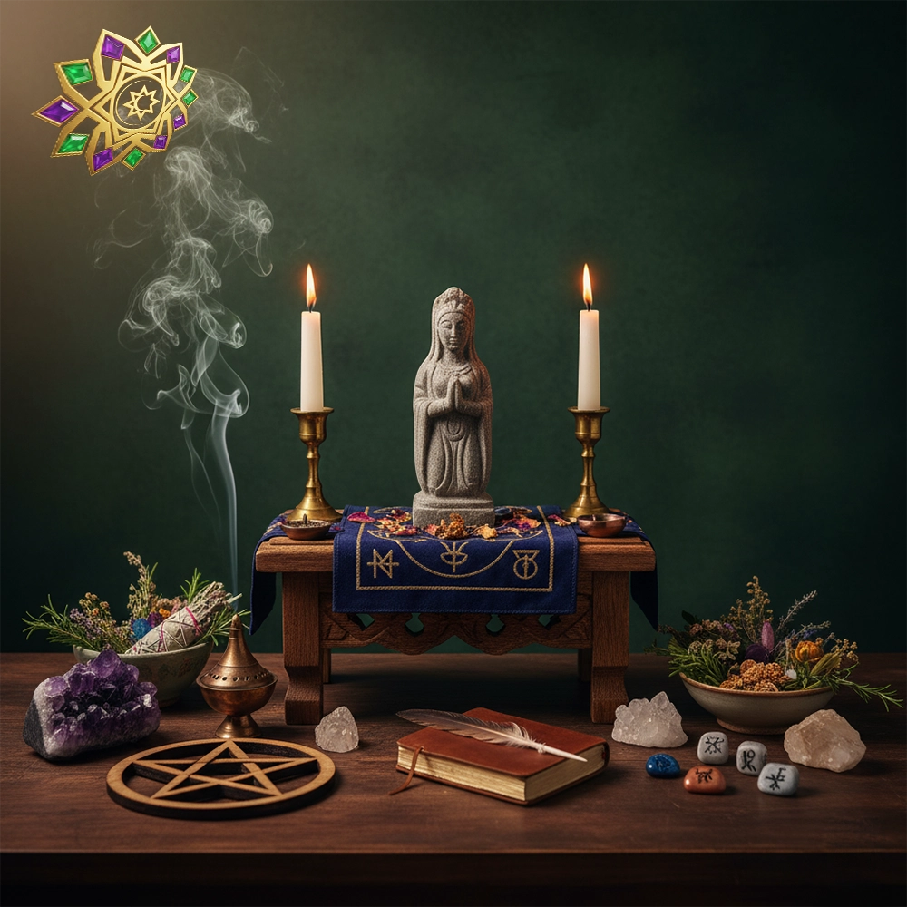 Altar ritual con estatua central, dos velas encendidas, incensario humeante, pentáculo de madera, geodas de cuarzo, cuenco de hierbas y runas sobre mantel azul con símbolos dorados.