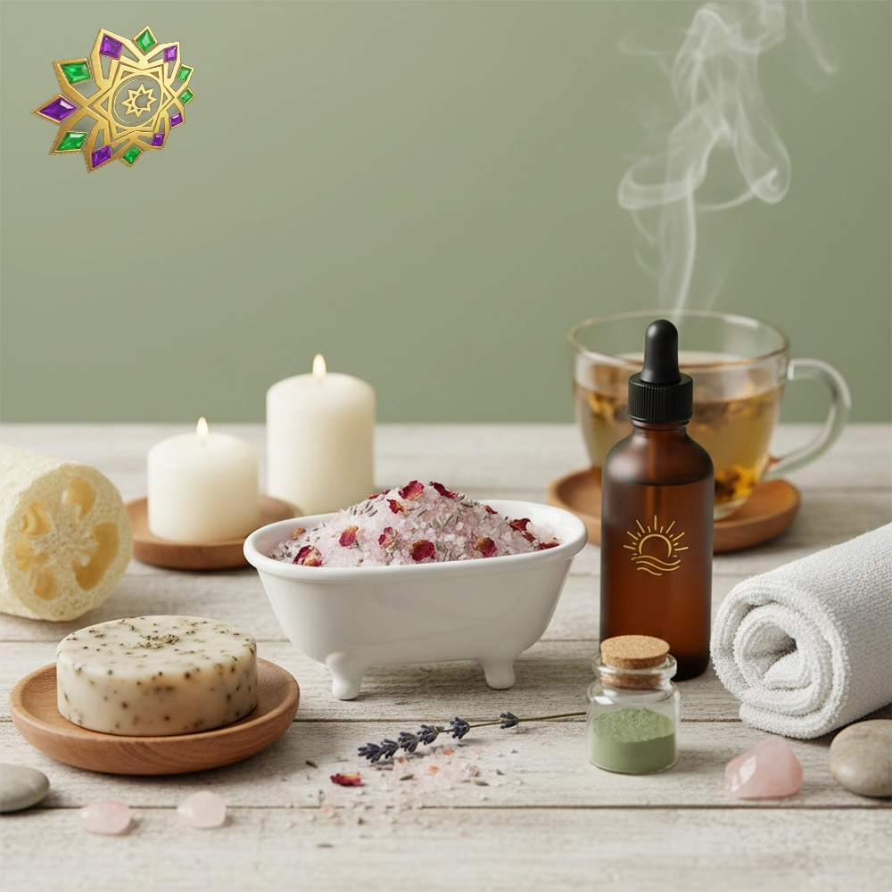 Set de bienestar para baño con sales rosas y pétalos, jabón artesanal, frasco ámbar con gotero, velas encendidas, toalla enrollada y té herbal humeante sobre mesa de madera.