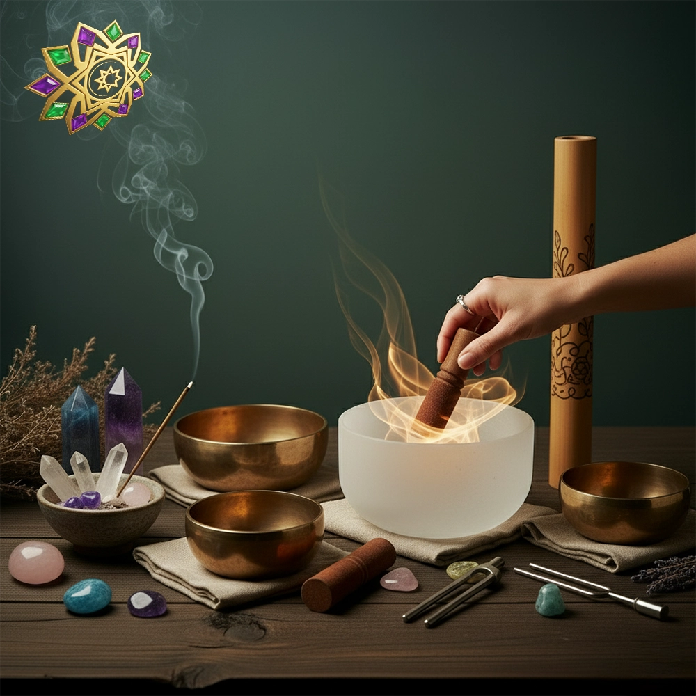 Mano haciendo sonar un cuenco de cuarzo con mazo, junto a cuencos tibetanos, diapasones, cristales y varilla de incienso humeante sobre mesa de madera.