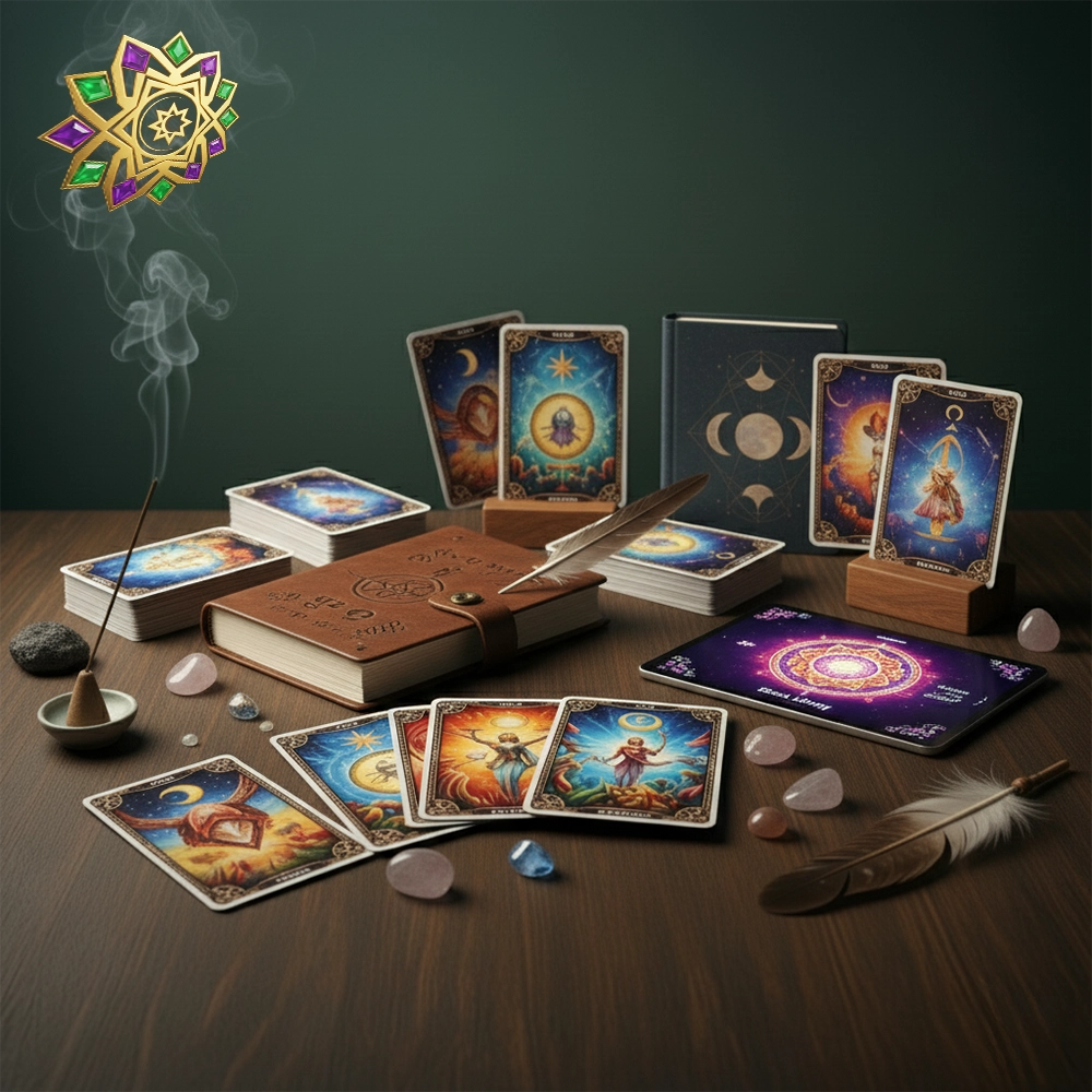 Colección de libros esotéricos, cuadernos y agendas junto a velas e incienso, con recursos digitales para estudio espiritual.