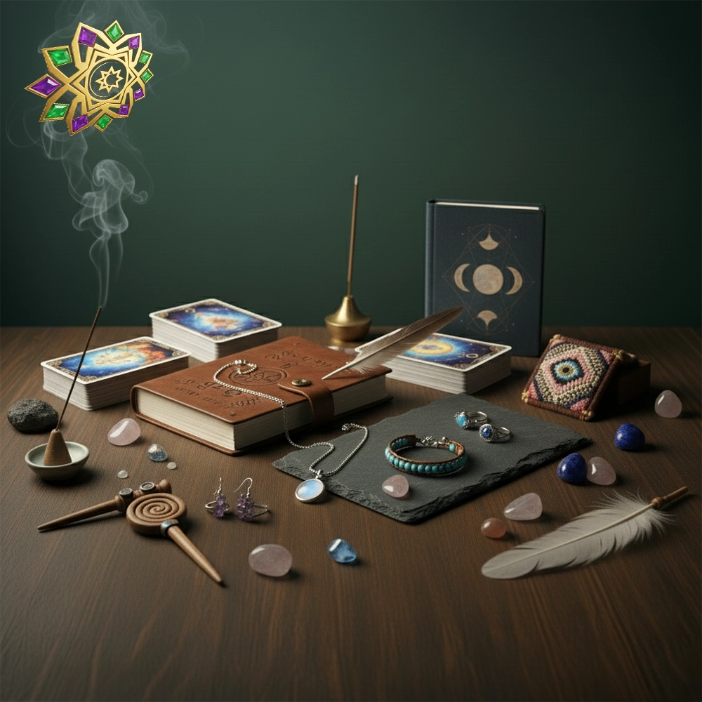 Accesorios energéticos: dijes, pulseras y collares con piedras y símbolos sagrados junto a bolsitas y cadenas.