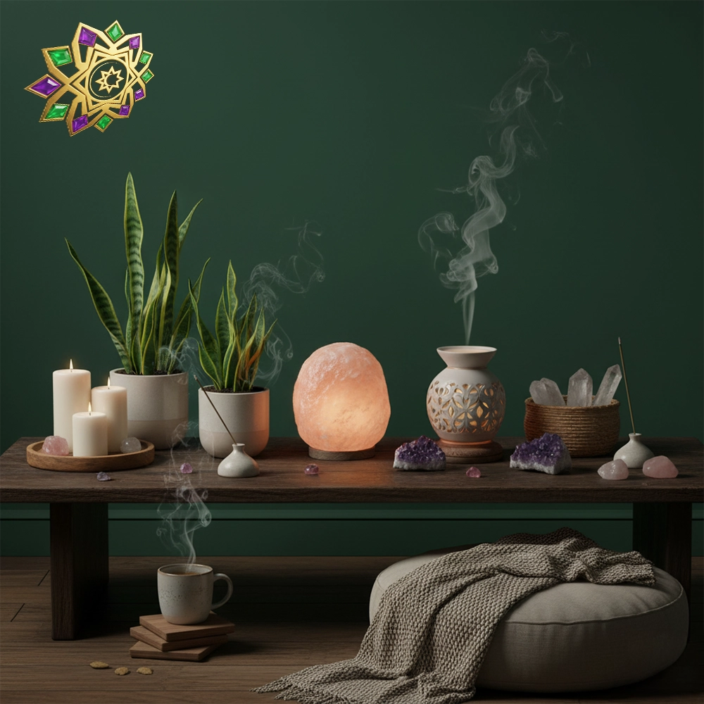 Rincón de hogar consciente con lámpara de sal, difusor, portavelas e inciensos junto a cristales y plantas.