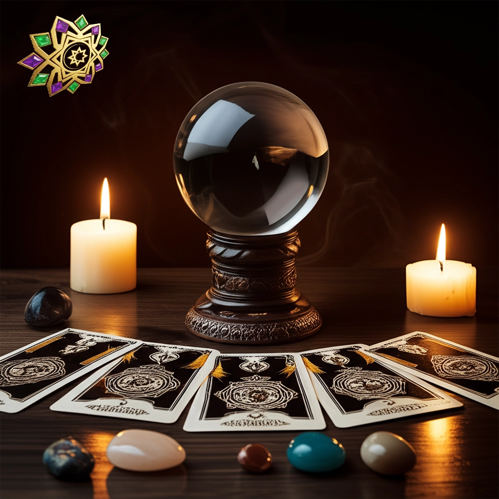 Mesa de adivinación con cartas de tarot desplegadas, vela e incienso encendido; manos barajando en un ambiente íntimo de consulta.