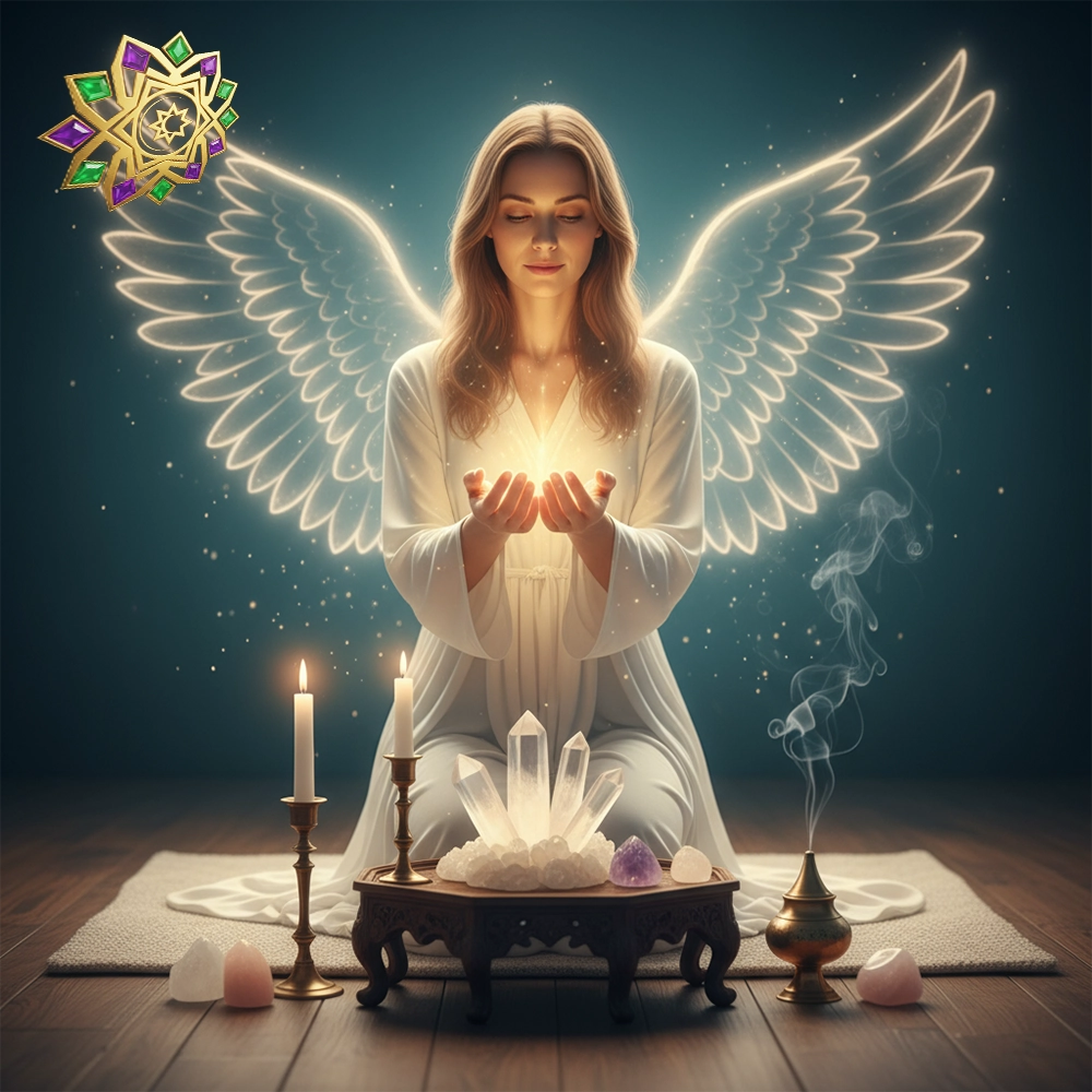 Guía espiritual imponiendo las manos mientras canaliza energía luminosa con velas e incienso; símbolos alados y un ambiente sereno de sanación.