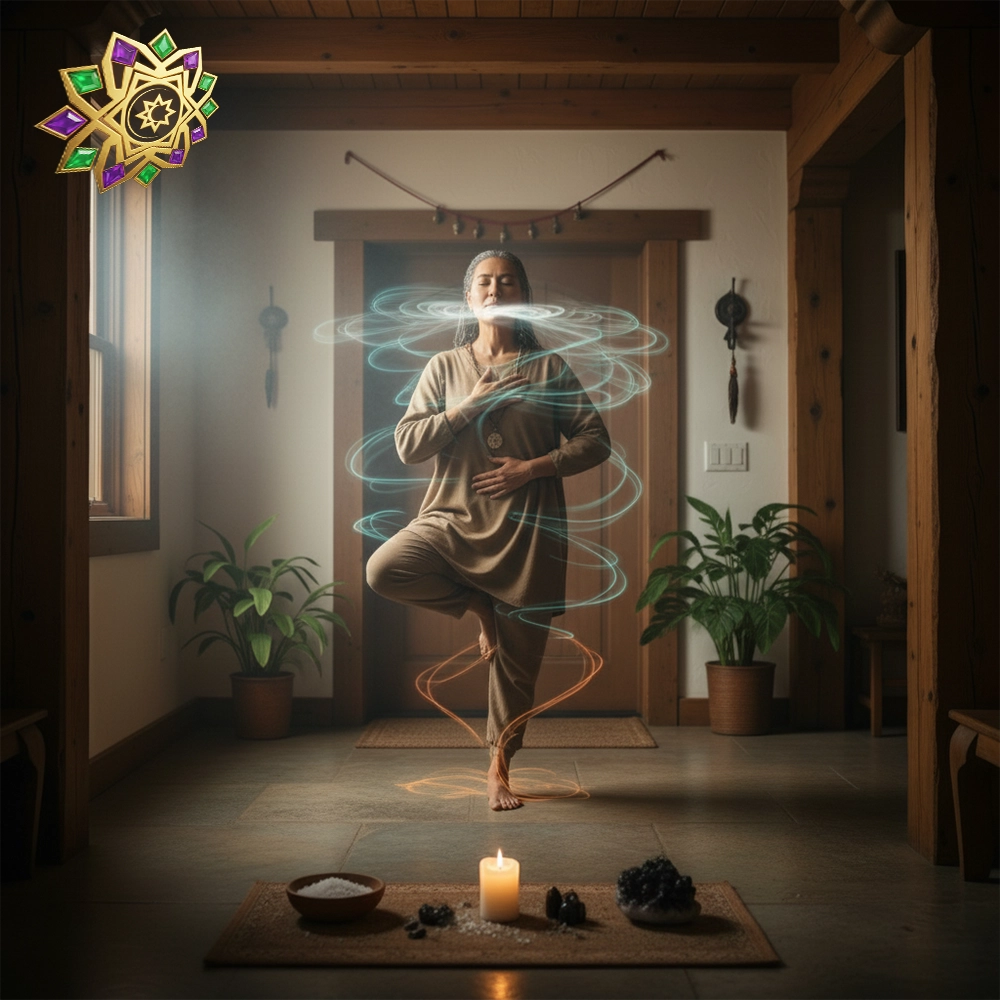 Mujer en postura de equilibrio con una mano en el pecho y otra en el abdomen, rodeada de espirales de luz mientras respira conscientemente en una sala serena con vela e instrumentos de bienestar.
