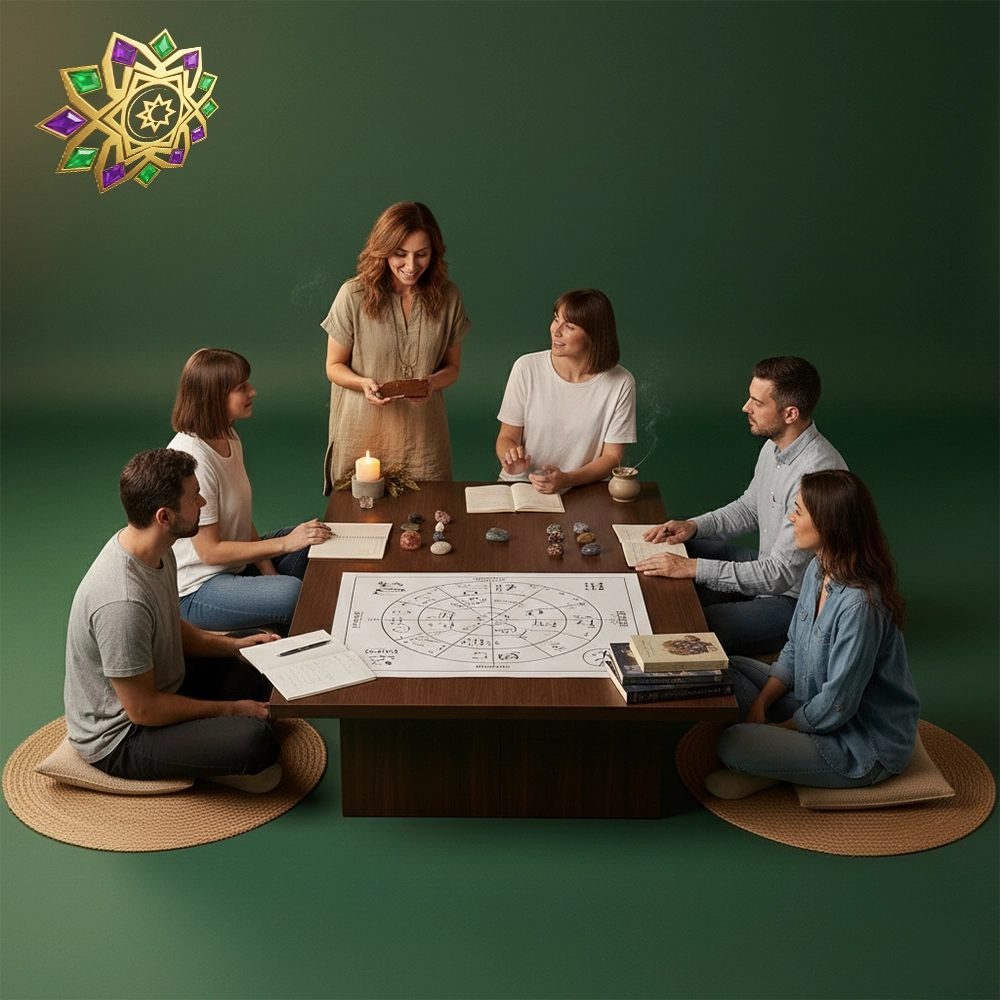 Facilitadora guía a cinco personas sentadas en círculo alrededor de una mesa con cuadernos, un esquema de trabajo y cristales, en un espacio sereno con vela e incienso.