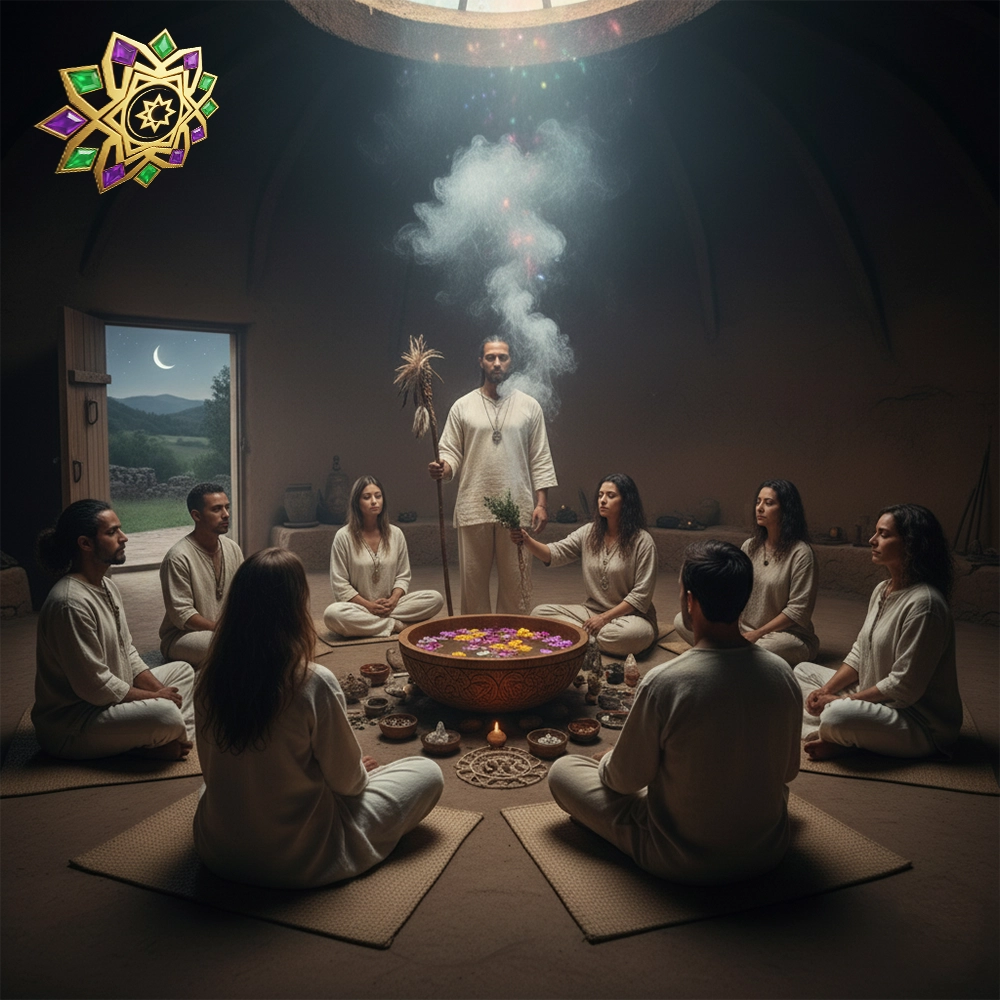 Mesa ceremonial con velas encendidas, incienso y elementos sagrados (flores, cristales y tejidos), preparada para un ritual en un espacio íntimo y armonioso.