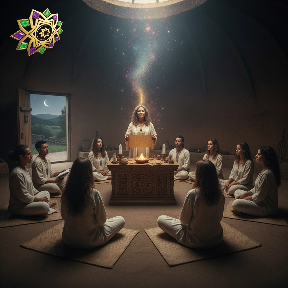 Círculo de formación espiritual dentro de una cúpula; una guía al centro sostiene un pergamino sobre un altar encendido mientras una luz cósmica desciende y las personas, sentadas en cojines, escuchan en comunidad.