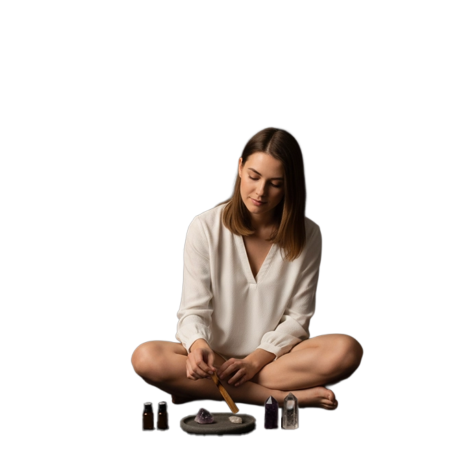 Mujer sentada en postura cómoda, con blusa blanca, ritualizando con palo santo sobre cristales y aceites.