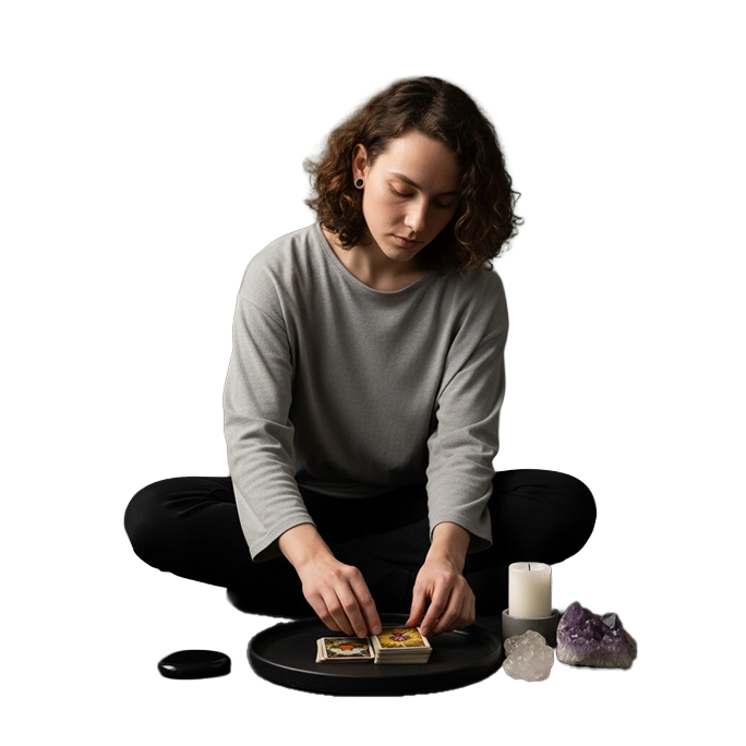 Persona sentada con cartas del tarot sobre bandeja negra, vela blanca y cristales amatista y cuarzo.