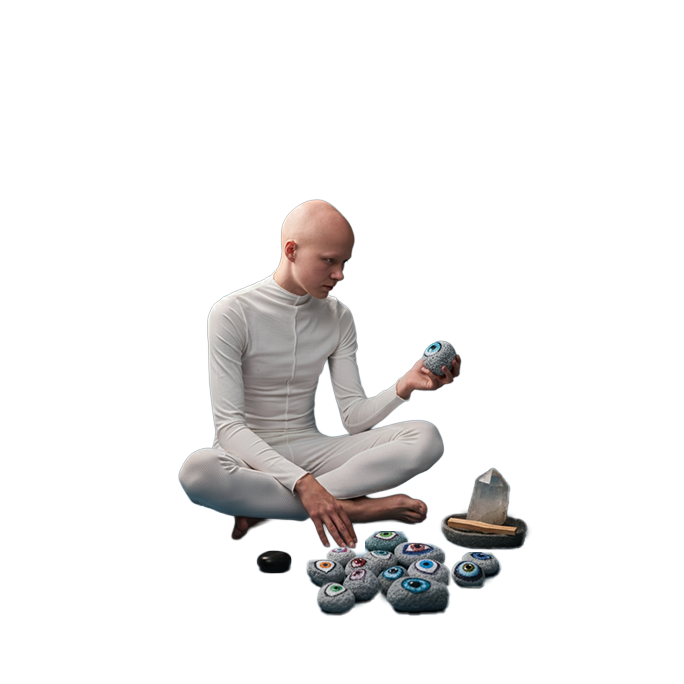 Practicante holístico sentado con atuendo blanco, sosteniendo una piedra con símbolo de ojo; a su alrededor hay piedras rituales, cuarzo y humo de sahumerio.