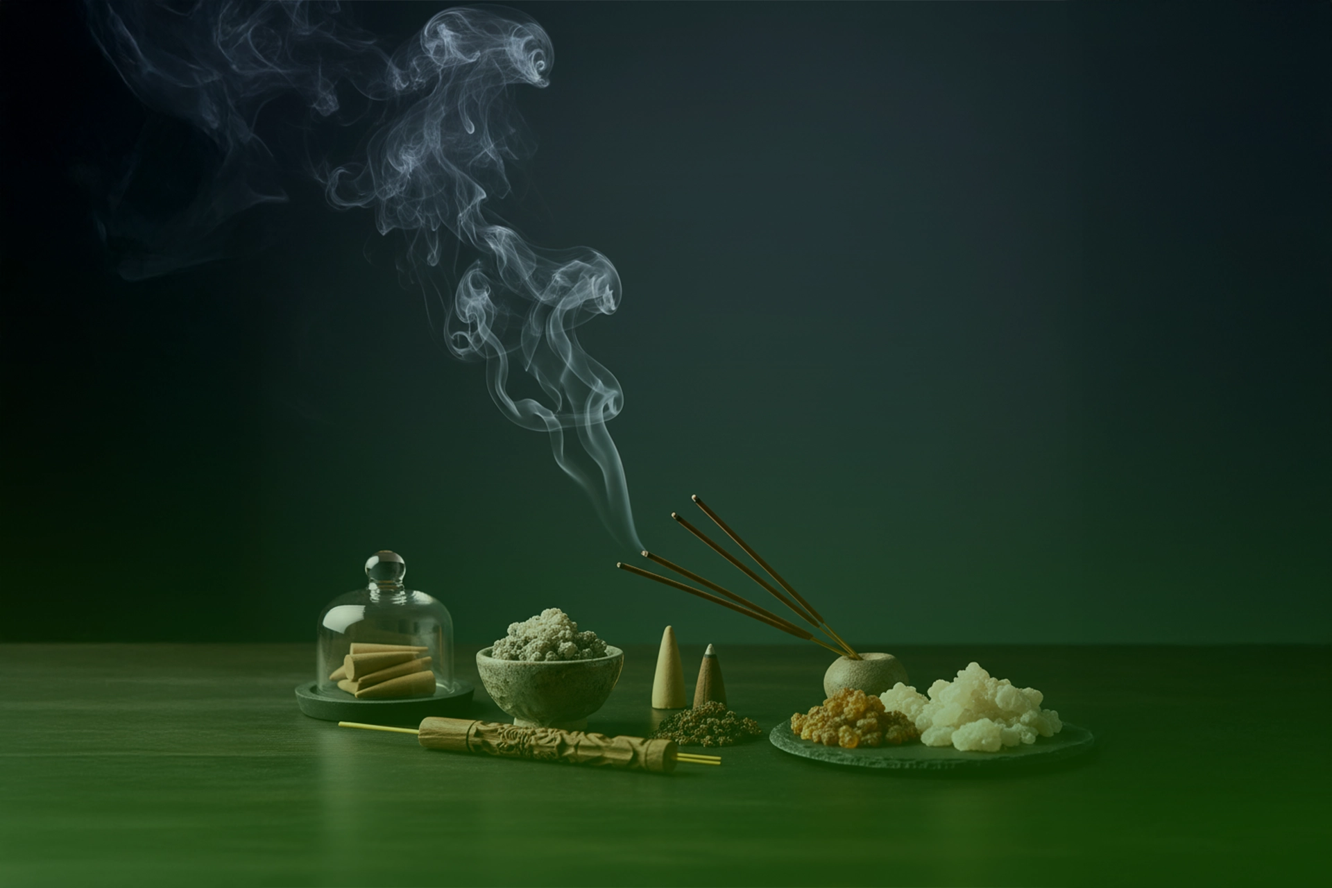 Inciensos en varilla y conos con resinas de copal, mirra y sándalo sobre mesa, con humo aromático elevándose en un ambiente cálido.