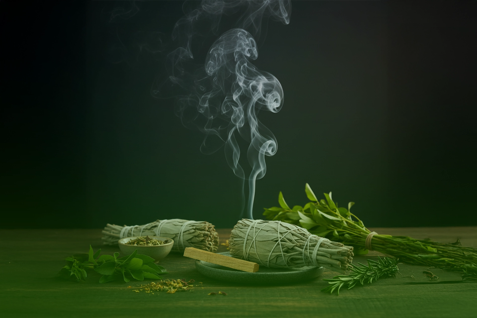 Sahumerios con palo santo encendido, atados de salvia y ramilletes de ruda y romero sobre mesa, con humo aromático elevándose.