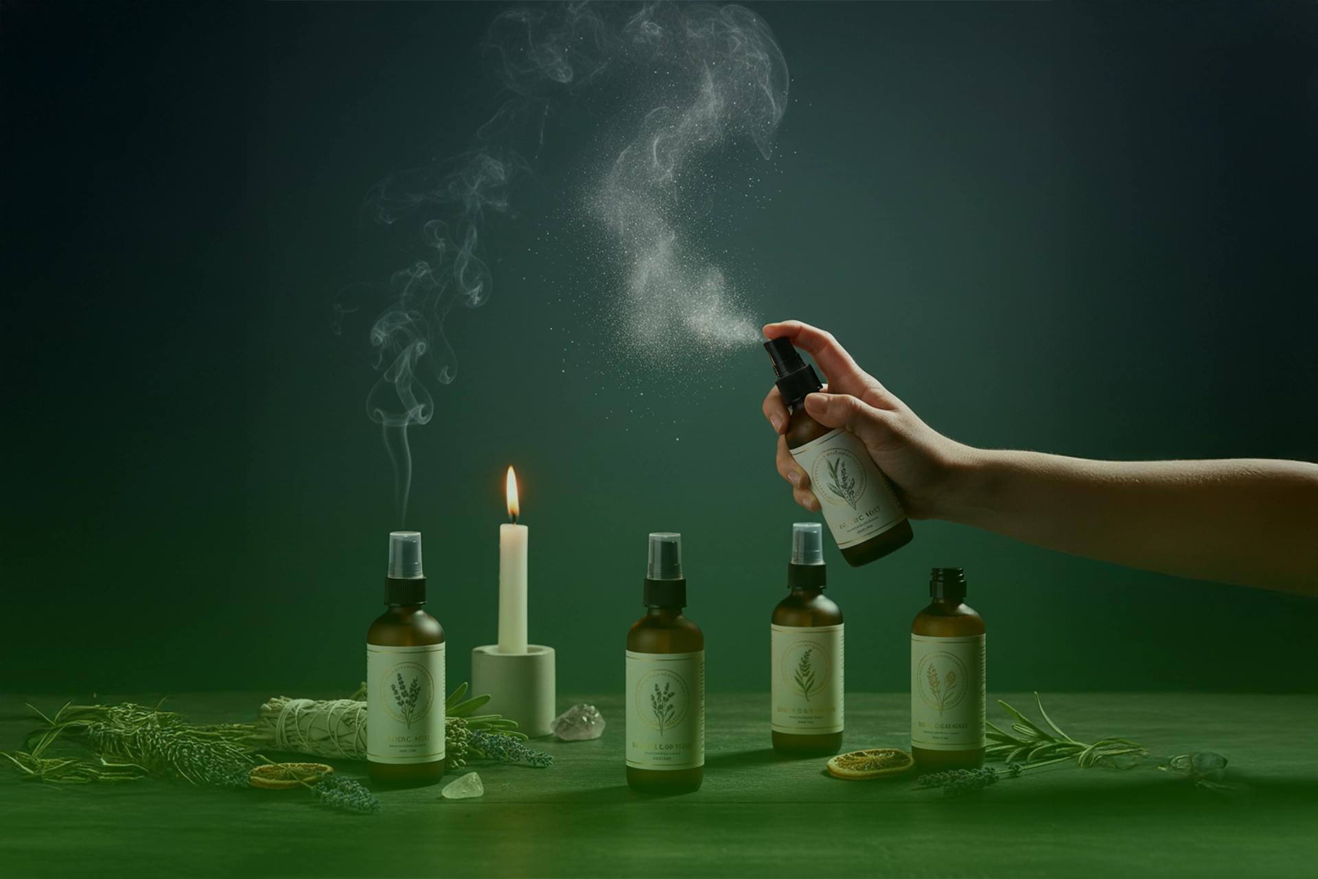 Mano vaporizando un spray energético sobre mesa con frascos ámbar, hierbas y vela, formando una niebla aromática en el aire.