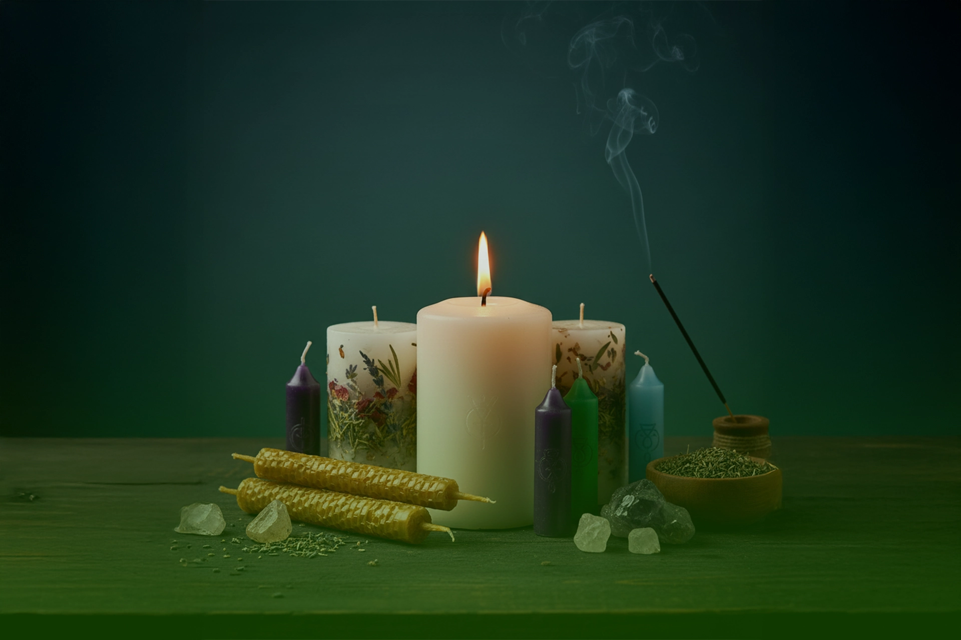 Velas rituales sobre mesa verde: pilar blanca encendida, velas de colores tipo novena, velas de cera de abeja enrolladas y velas con hierbas/flores, con incienso humeante y cristales alrededor.
