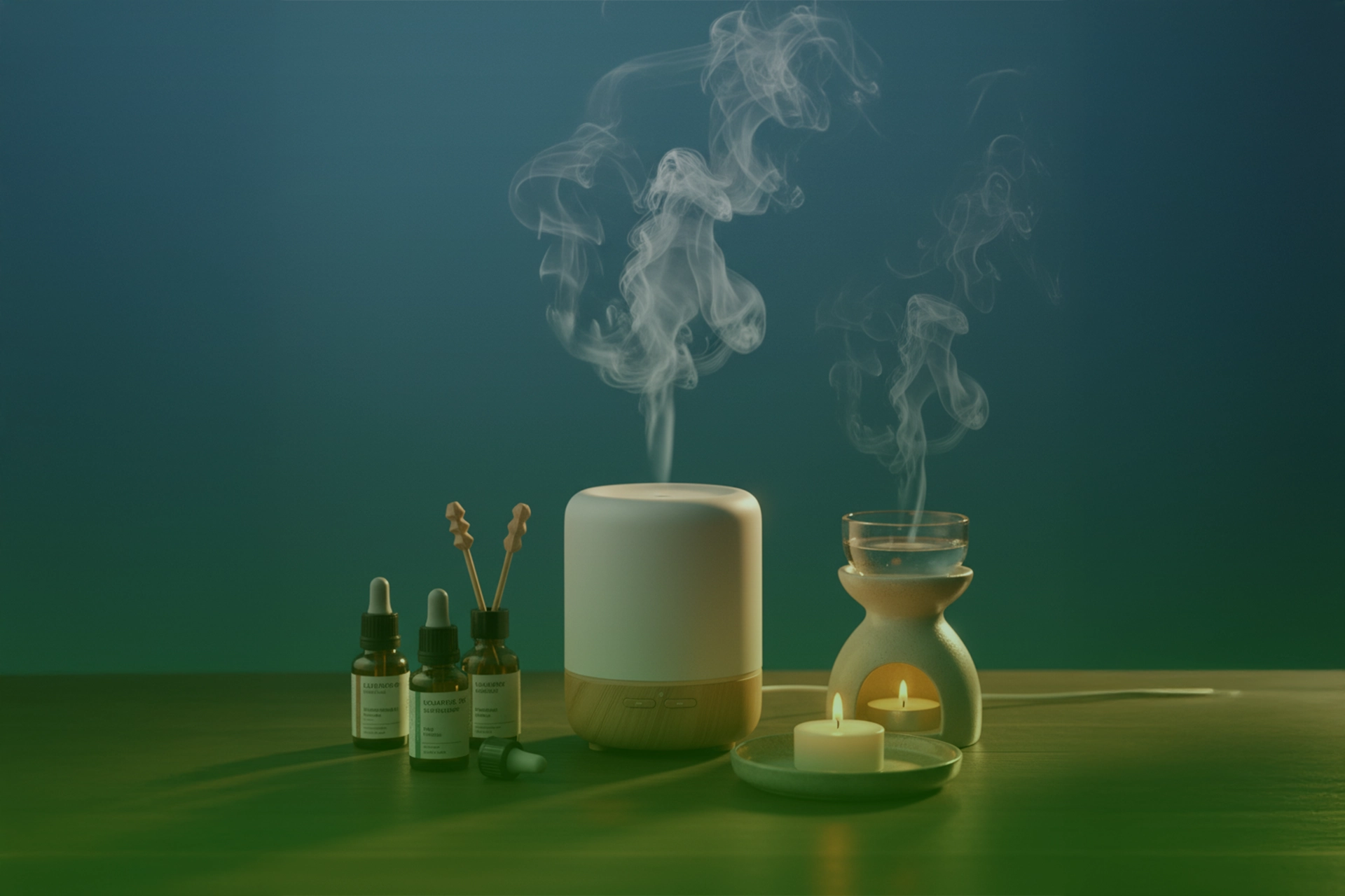 Difusor ultrasónico blanco emitiendo vapor junto a esencias en botellas ámbar y un hornillo aromático con vela encendida.