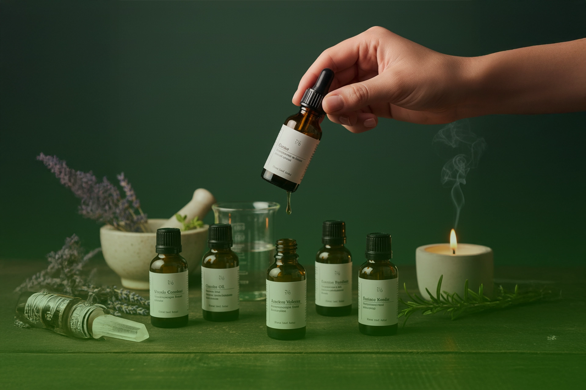 Mano sosteniendo un frasco ámbar con gotero dejando caer una gota sobre botellas de aceites esenciales, con lavanda, romero, mortero y vela encendida al fondo.