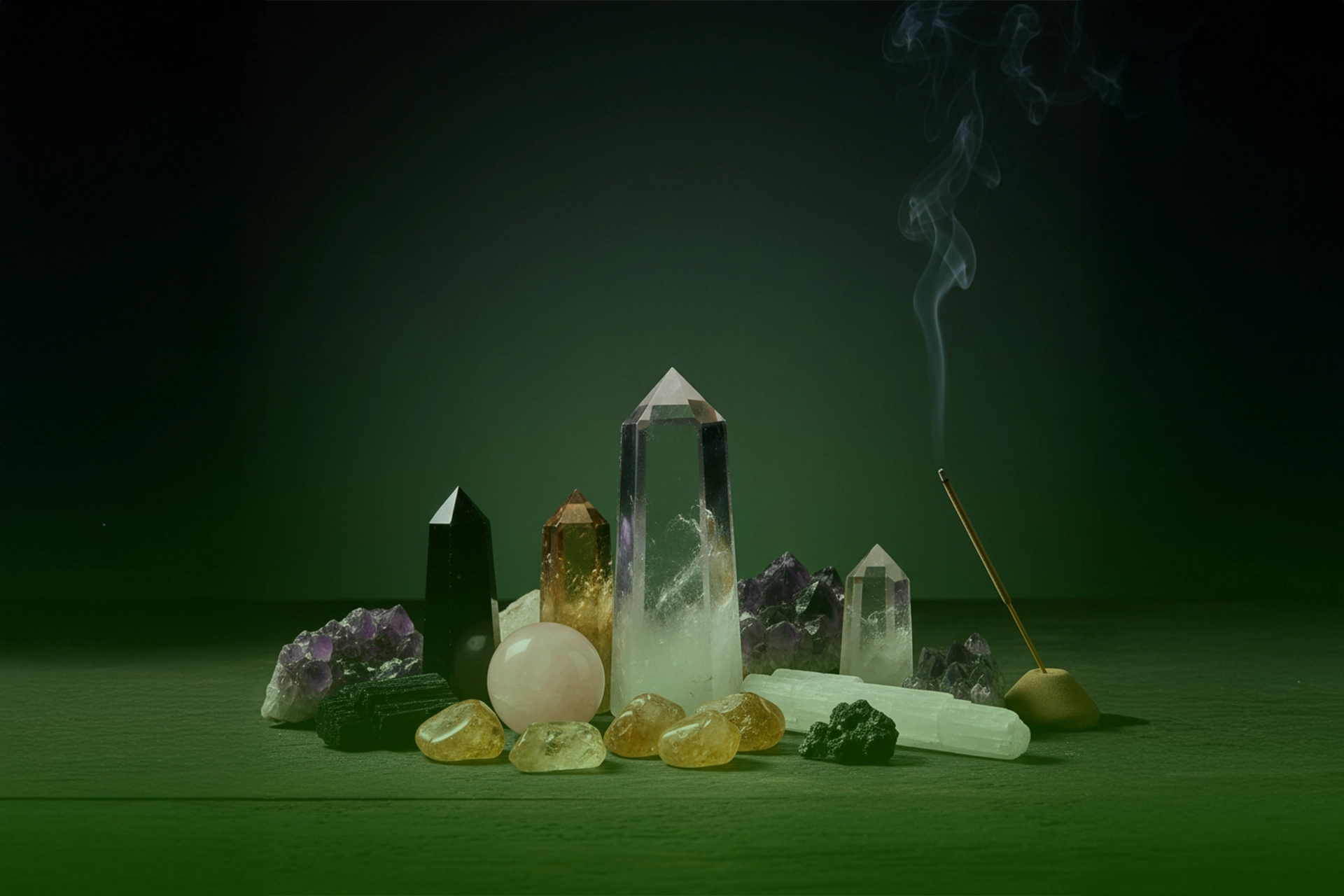 Colección de cristales: amatistas, puntas de cuarzo transparente y rosa, citrinos rodados, obsidiana, turmalina negra y barras de selenita, con una varilla de incienso humeante al lado.