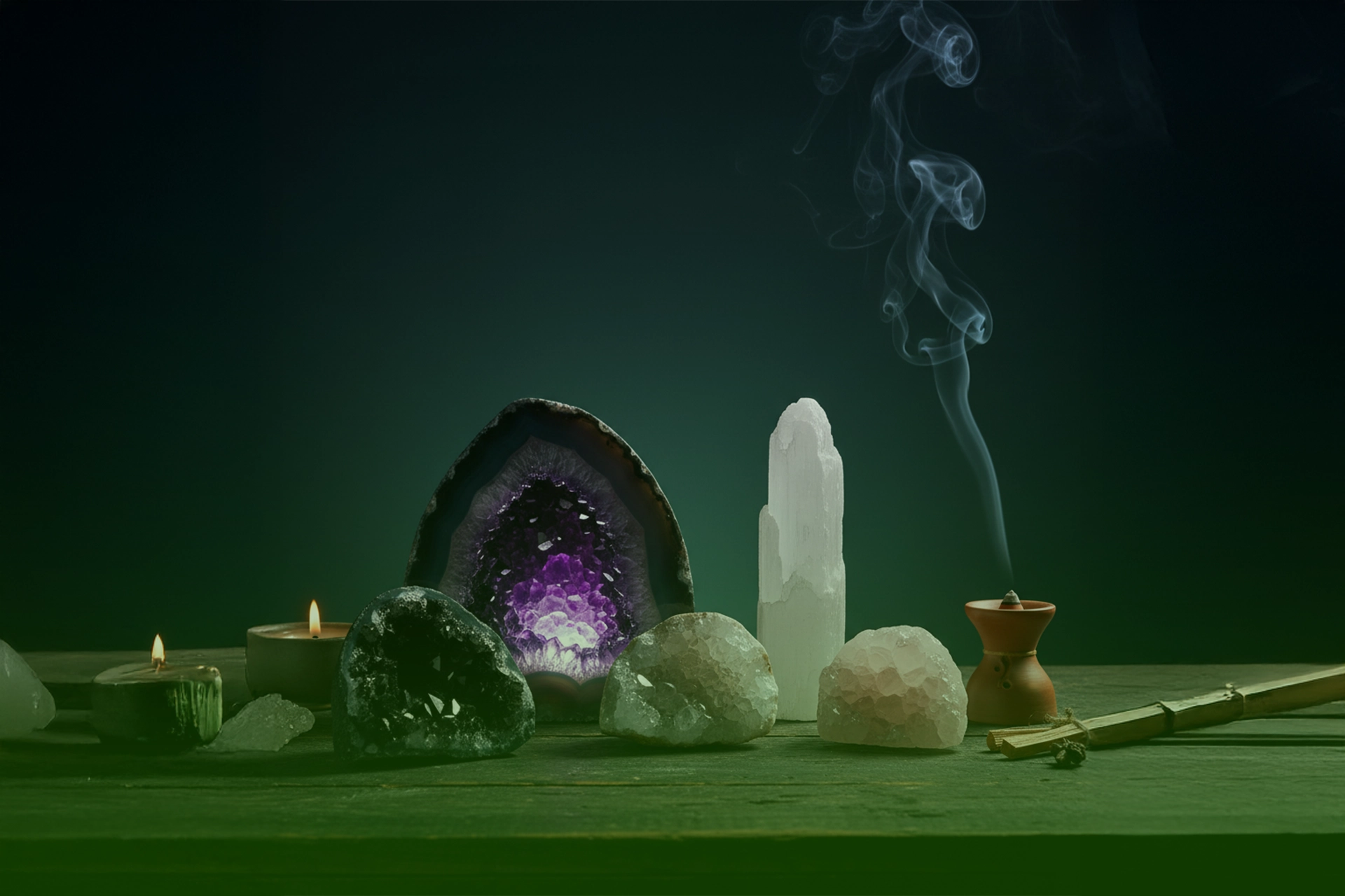Geoda de amatista iluminada junto a drusas de cuarzo, torre de selenita y quemador de resina humeante, con velas encendidas sobre una mesa.