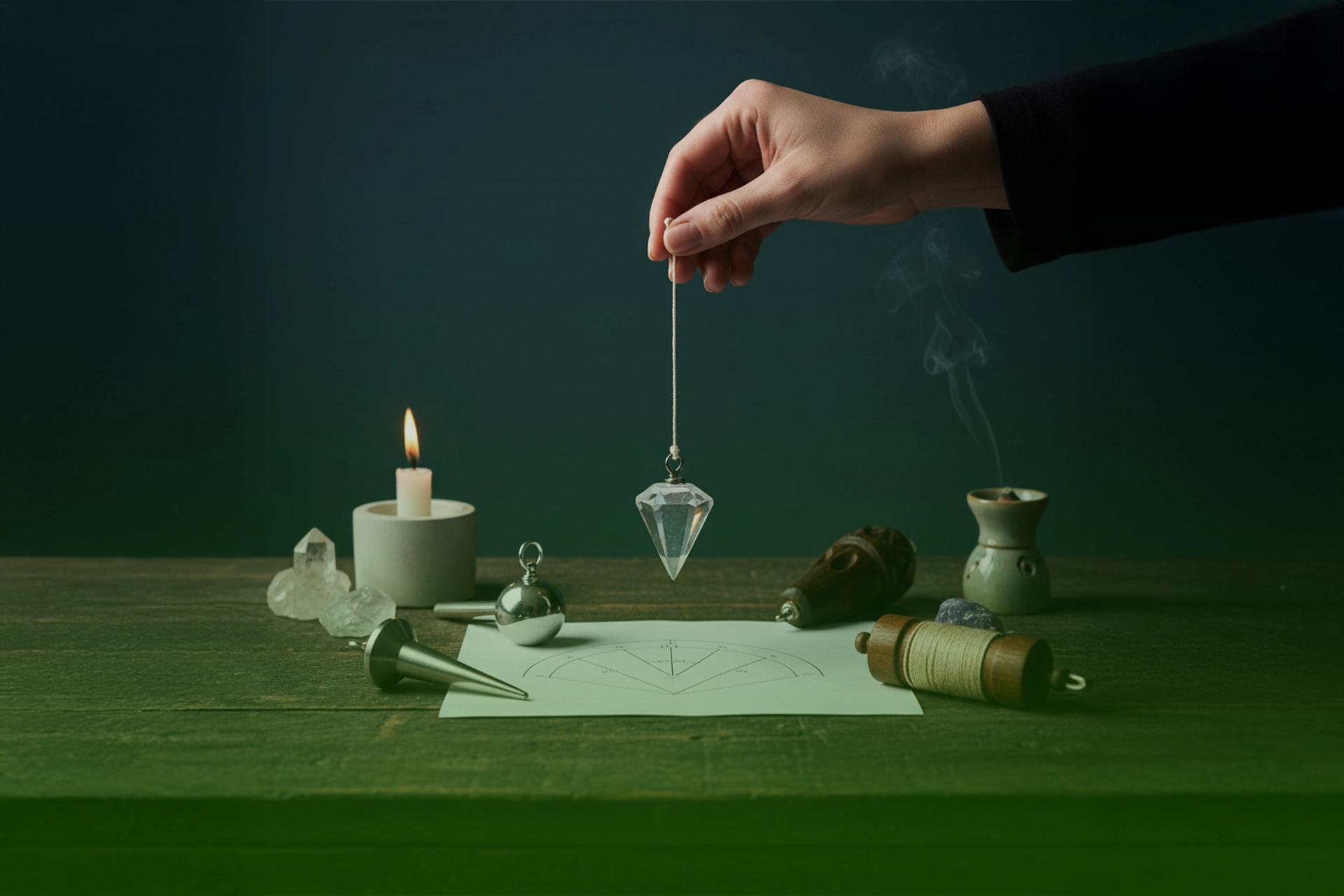 Mano sosteniendo un péndulo de cristal sobre una carta de radiestesia, con velas, incienso, cuarzos y otros péndulos de metal, madera y hebreo en la mesa.
