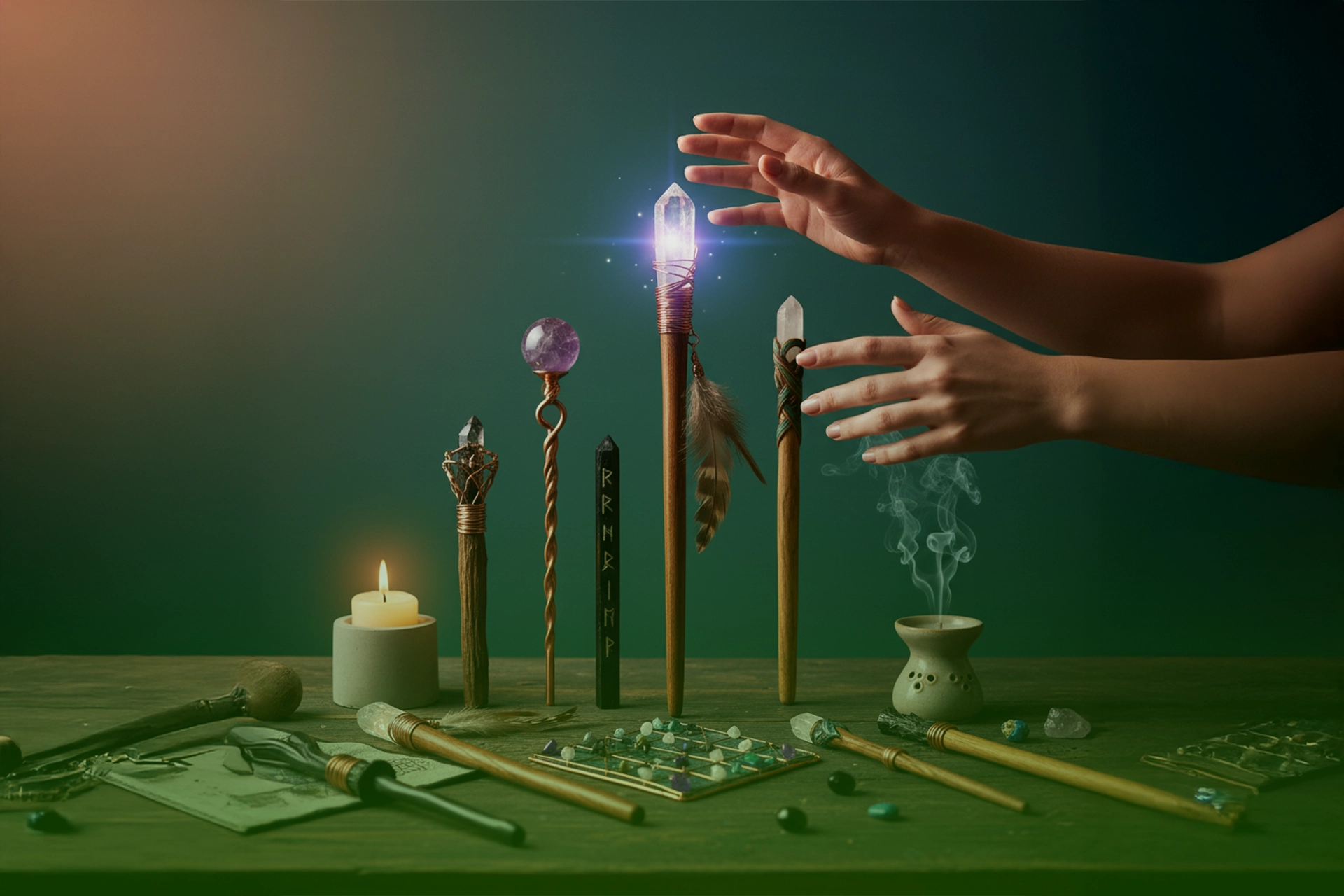 Manos activando varitas energéticas con puntas de cristal y detalles de cobre, madera, runas y plumas, junto a vela e incienso sobre una mesa ritual.