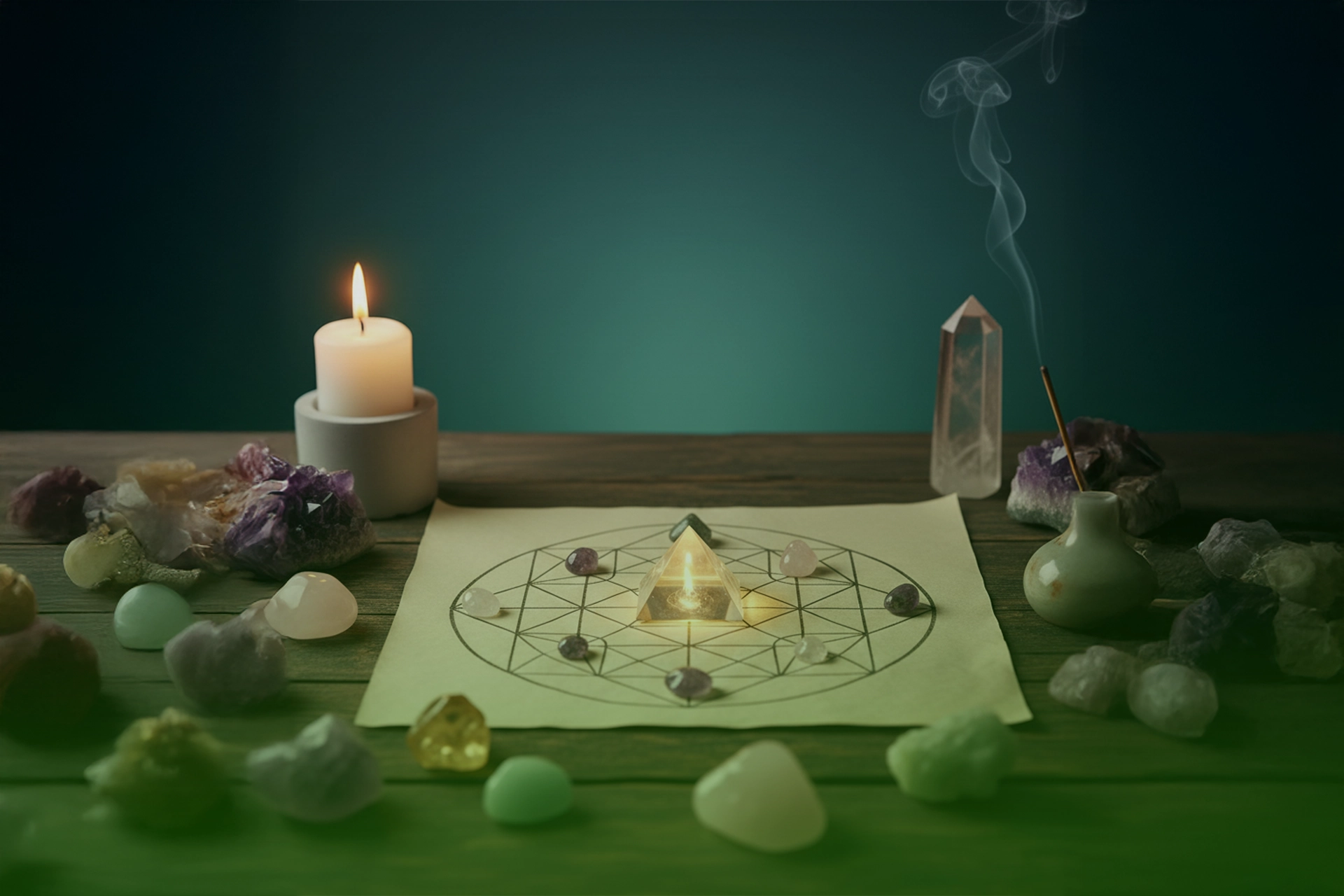 Rejilla geométrica con pirámide de cuarzo al centro y piedras energéticas alrededor, junto a vela e incienso encendidos.