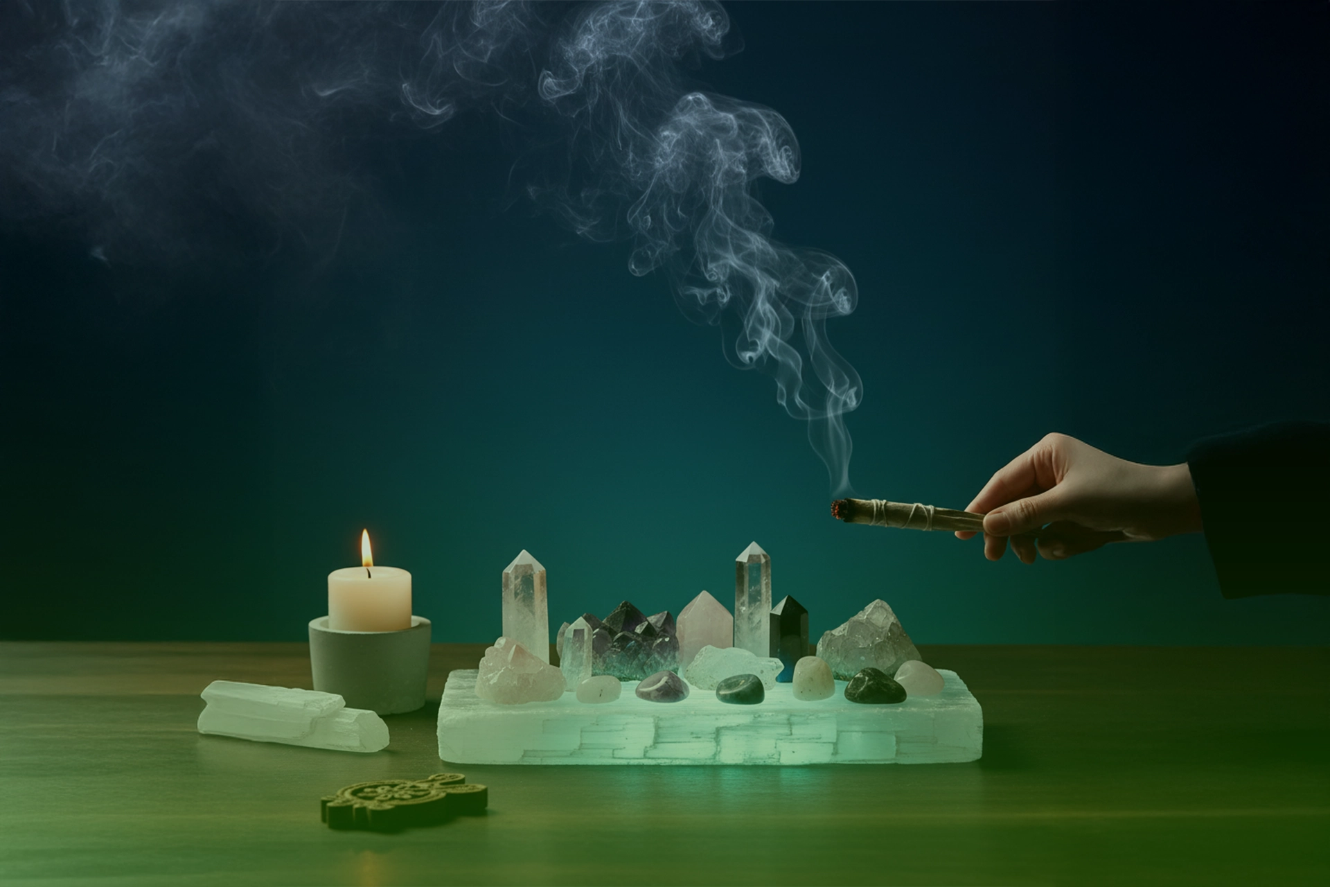 Placa de selenita con cristales encima mientras se limpia con humo; vela encendida e incienso al fondo.