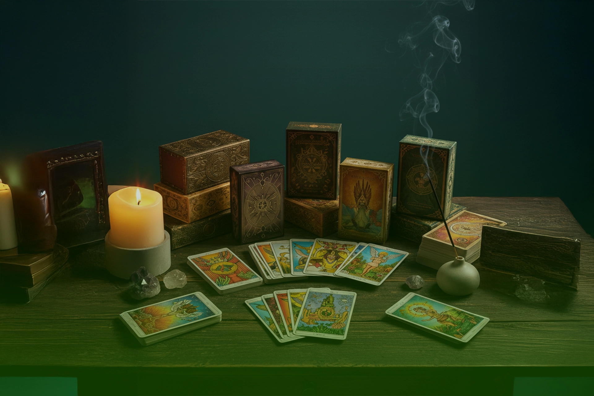 Mesa con cartas de tarot desplegadas, cajas de mazos y vela e incienso encendidos alrededor.