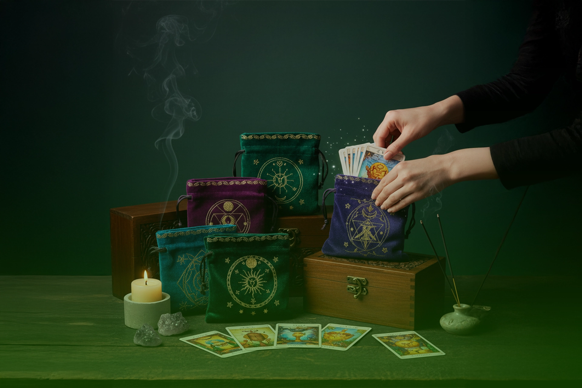 Bolsas de terciopelo con bordados dorados guardando cartas de tarot; manos introduciendo un mazo en estuche morado, con cajas de madera, vela, incienso y cristales alrededor.