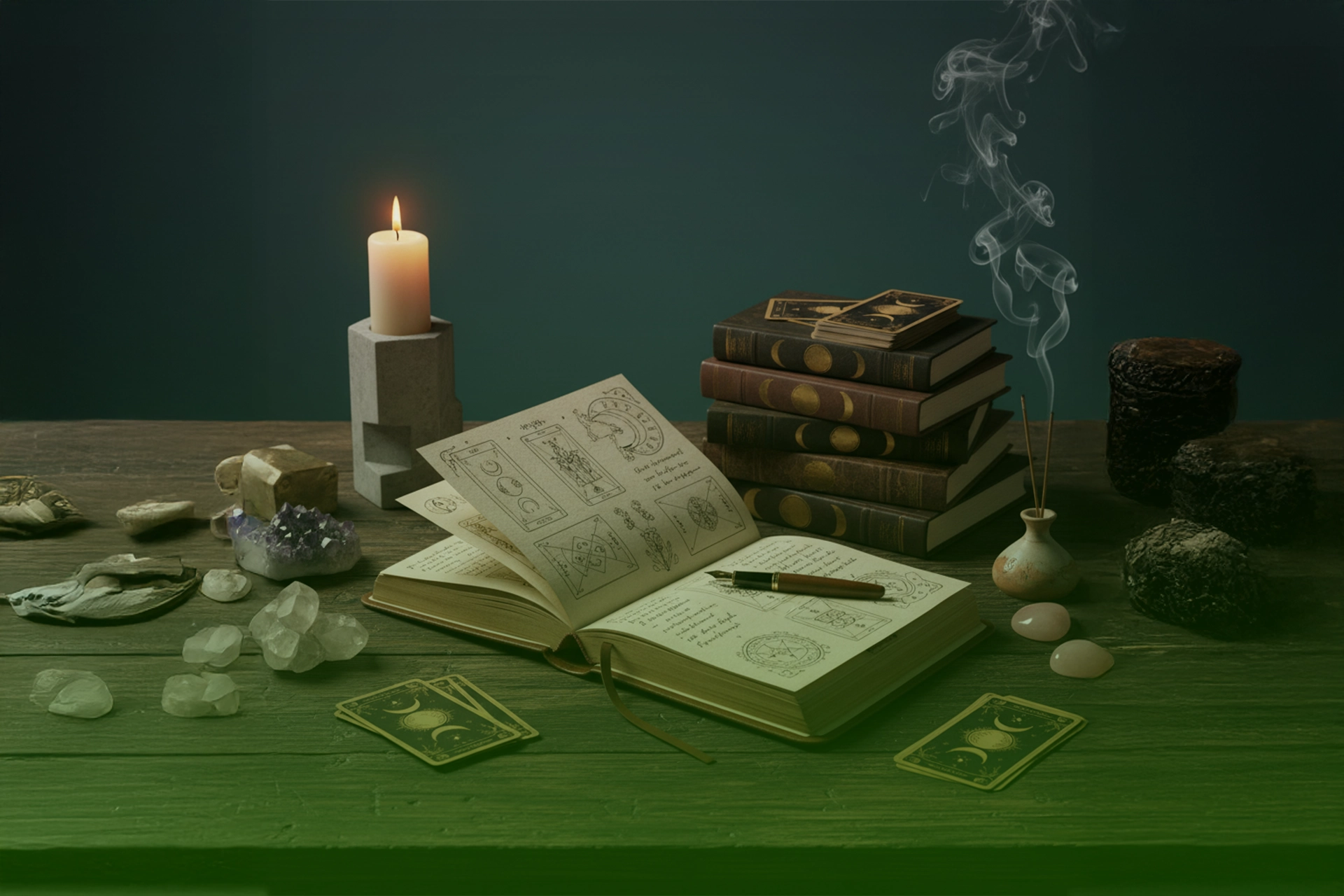 Libreta de tiradas de tarot abierta con esquemas y notas, pluma estilográfica, cartas, cristales, vela e incienso sobre mesa de madera.