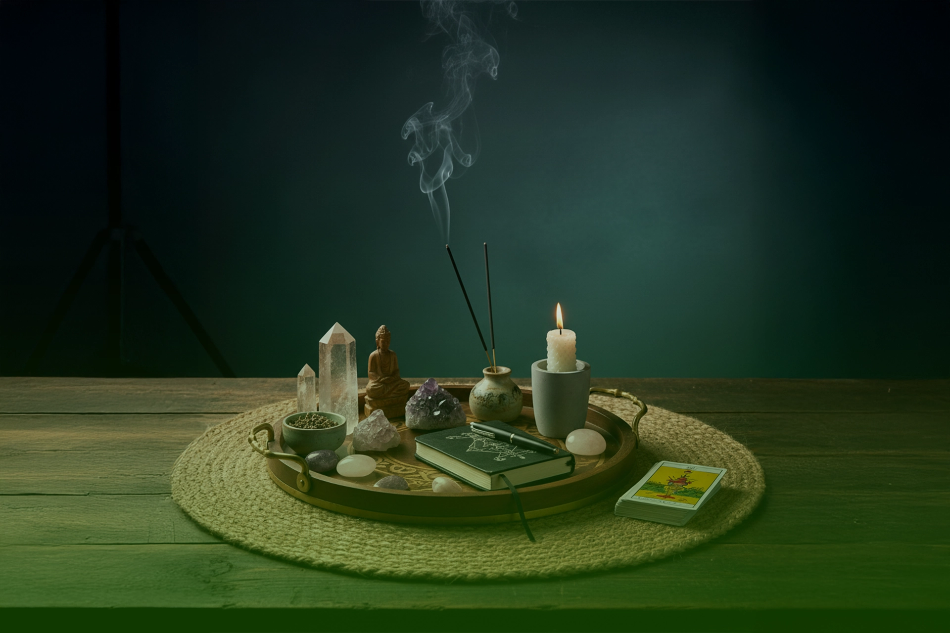 Bandeja ritual sobre tapete circular con cuarzos, puntas de cristal, sahumador con varillas, vela encendida, cuenco con hierbas, figura espiritual y libreta; mazo de tarot a un lado.
