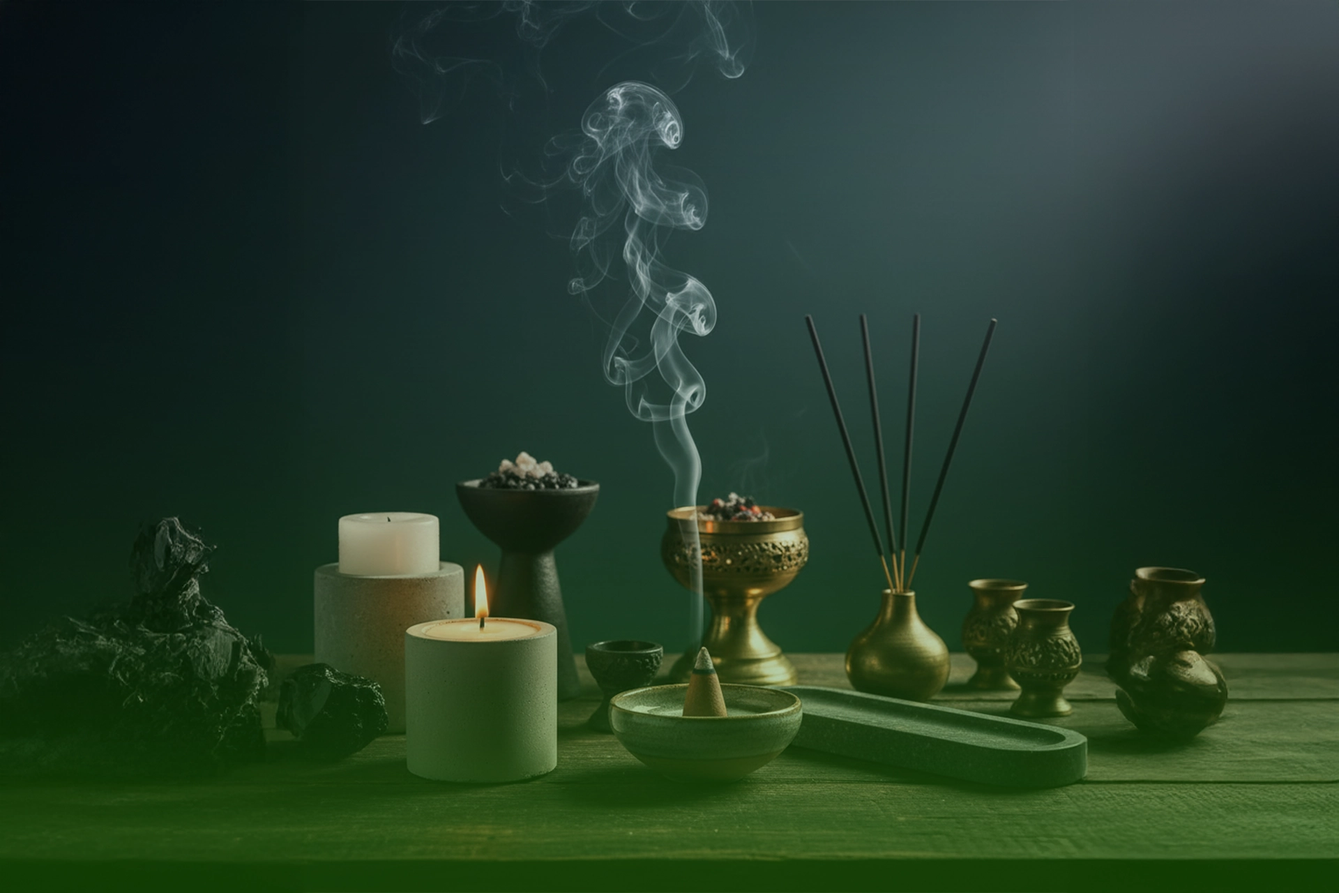 Conjunto de portavelas e incensarios de cerámica, metal y piedra con vela encendida, conos y varillas de incienso humeando sobre una mesa verde.