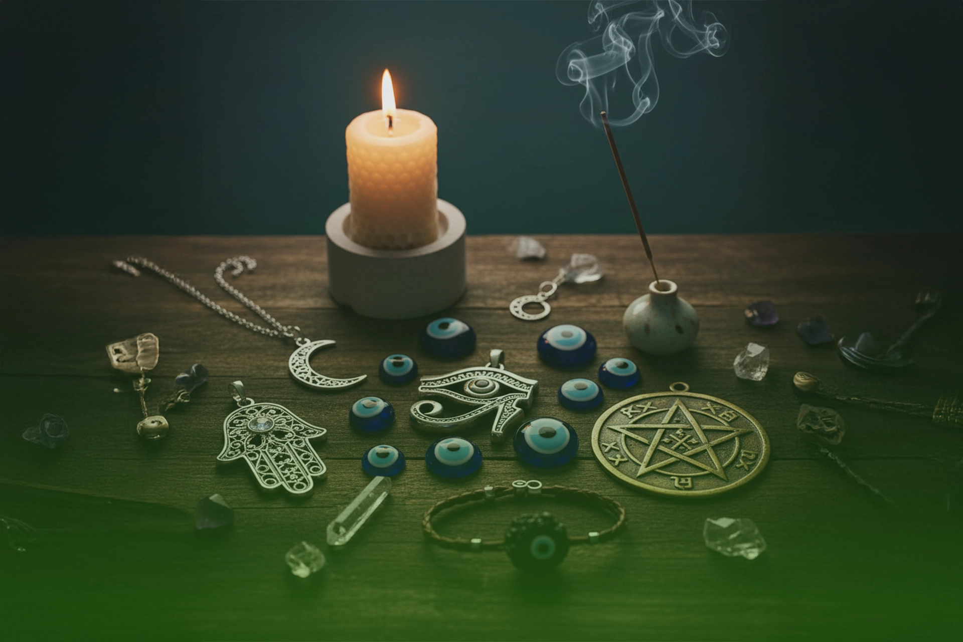 Conjunto de amuletos y talismanes —ojos turcos azules, manos de hamsa, ojo de Horus y medallón pentagrama— junto a vela e incienso encendido sobre mesa de madera.