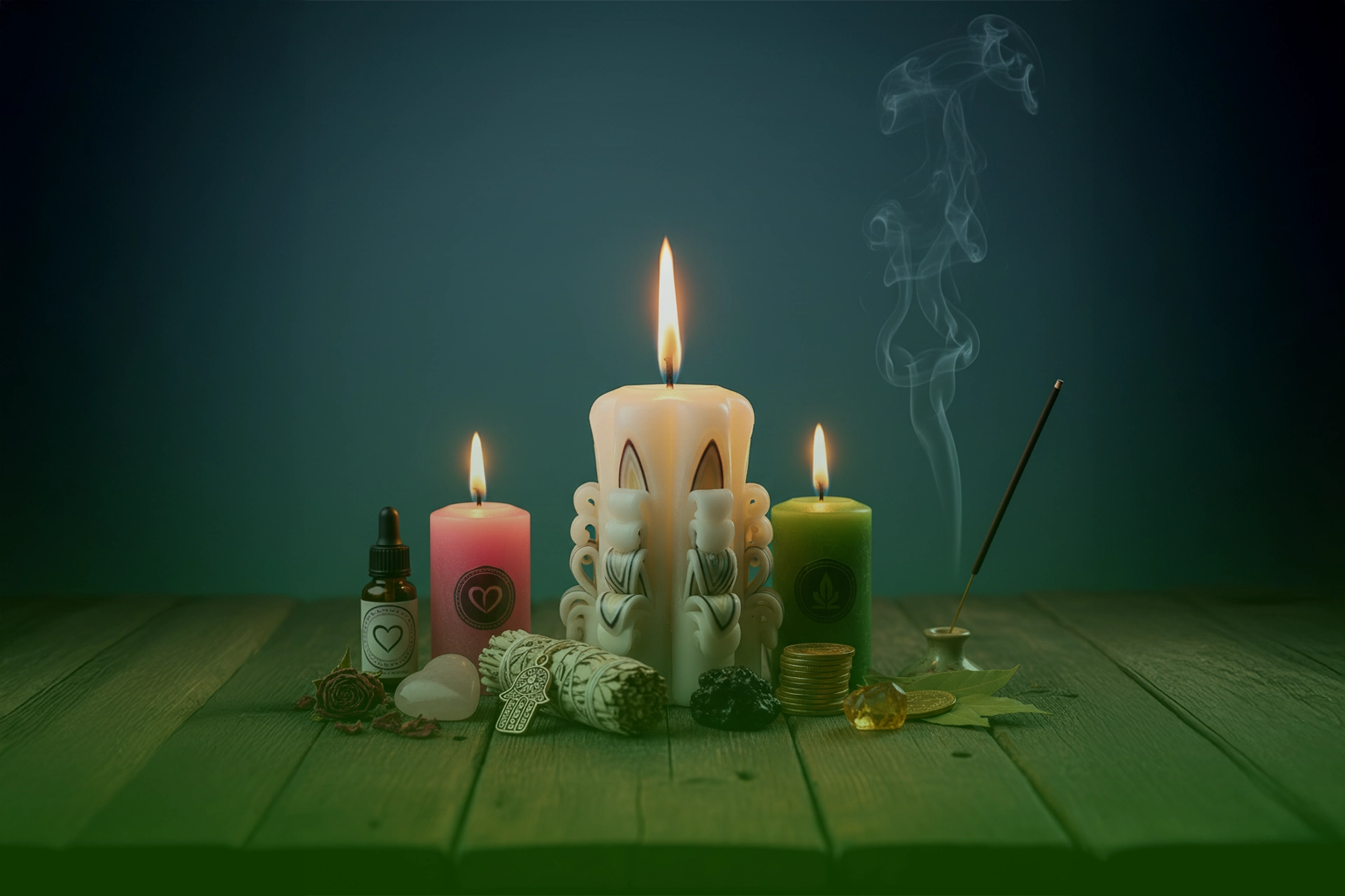 Velones consagrados encendidos (blanco tallado, rosa y verde) con kit ritual: aceite, sahumerio, amuleto hamsa, cristales, monedas e incienso sobre mesa de madera.