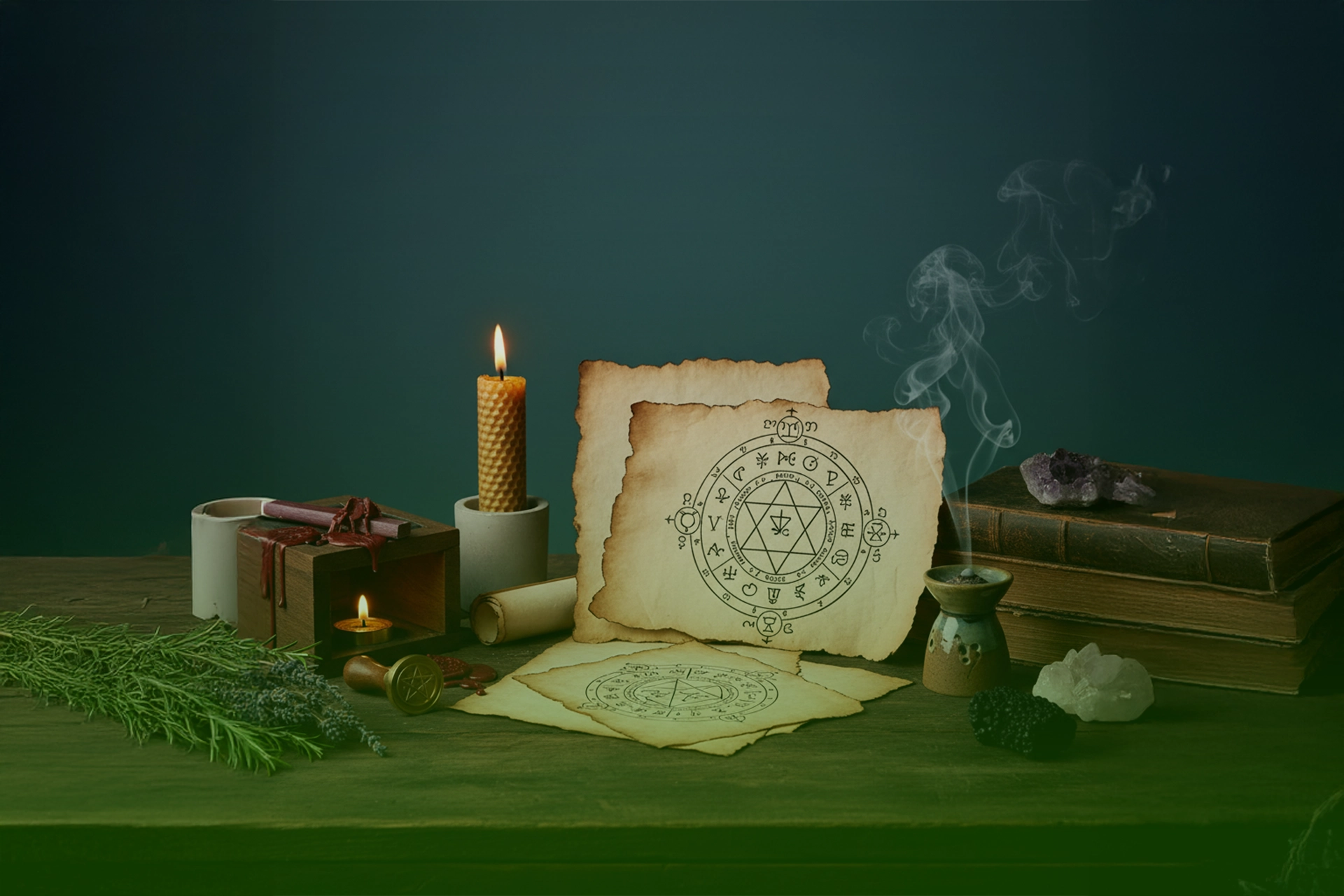 Kit de sellos y sigilos sobre mesa: hojas de pergamino, plumilla y tinta, barras de lacre con sello metálico, vela e incienso humeante.