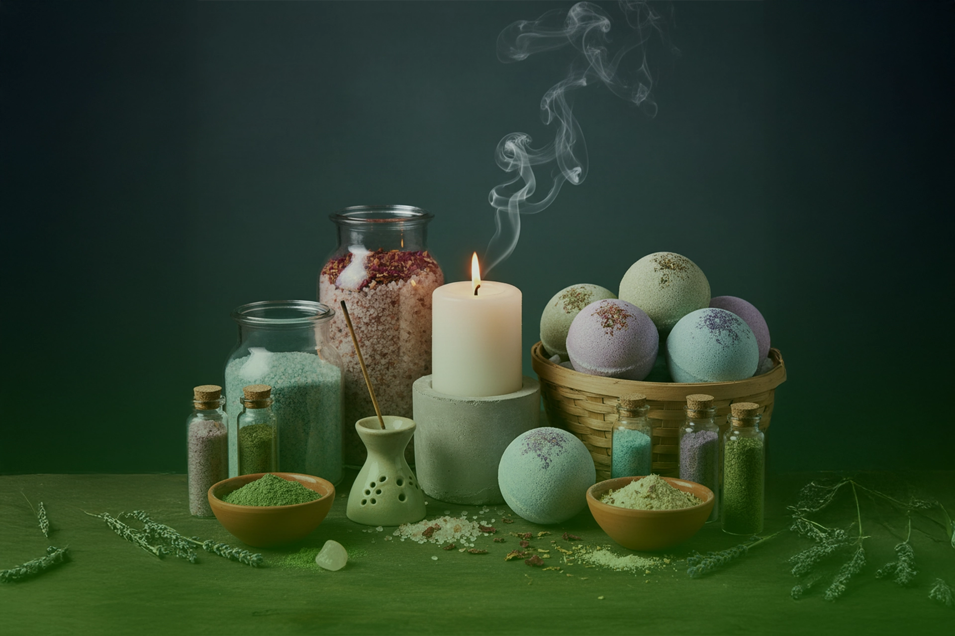 Jarras de sales de baño, bombas efervescentes en canasta, frascos con polvos herbales y una vela con incienso humeante sobre mesa verde.