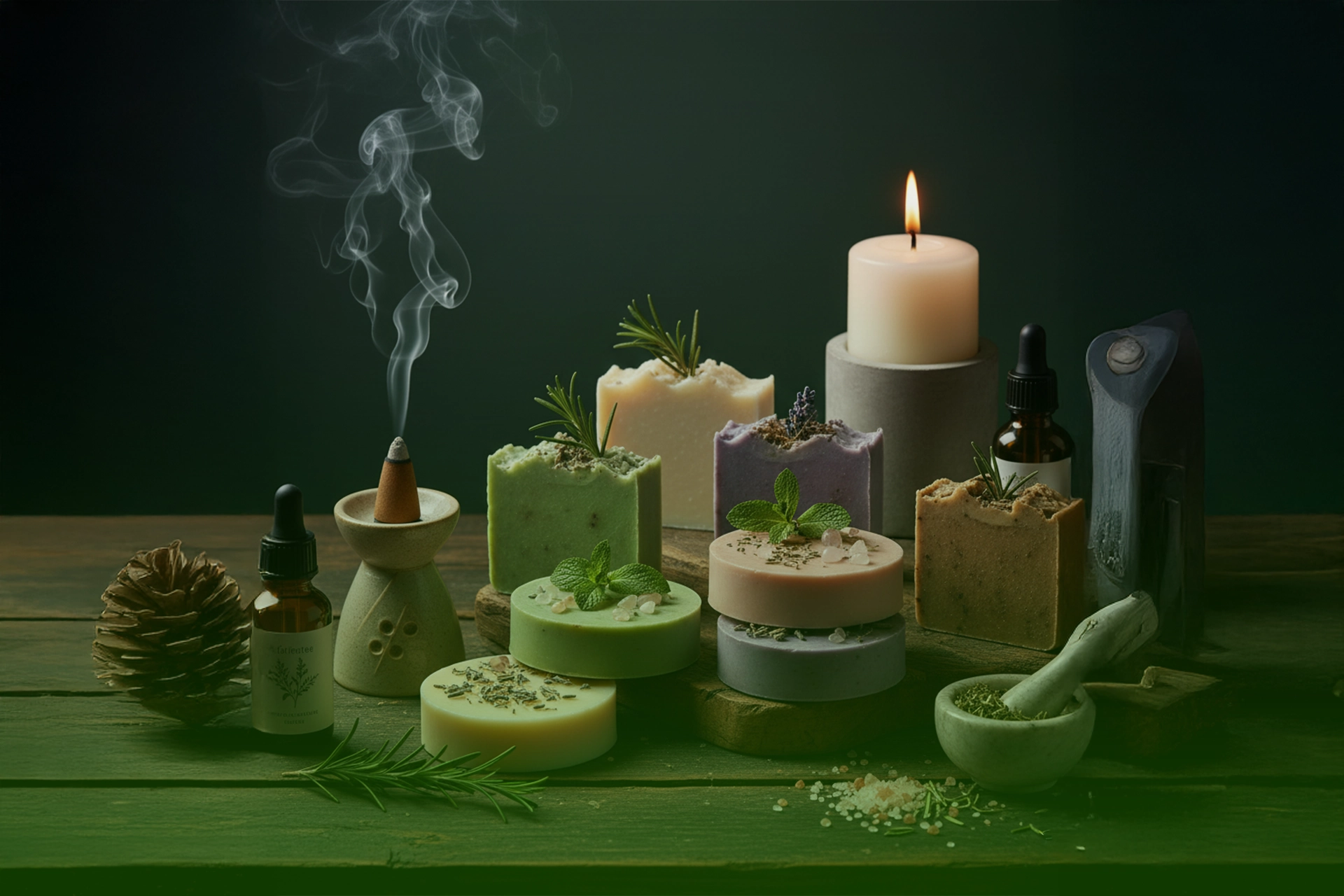Barras y pastillas de jabón artesanal con hierbas y cristales, junto a vela encendida, incensario humeante y mortero sobre mesa de madera.