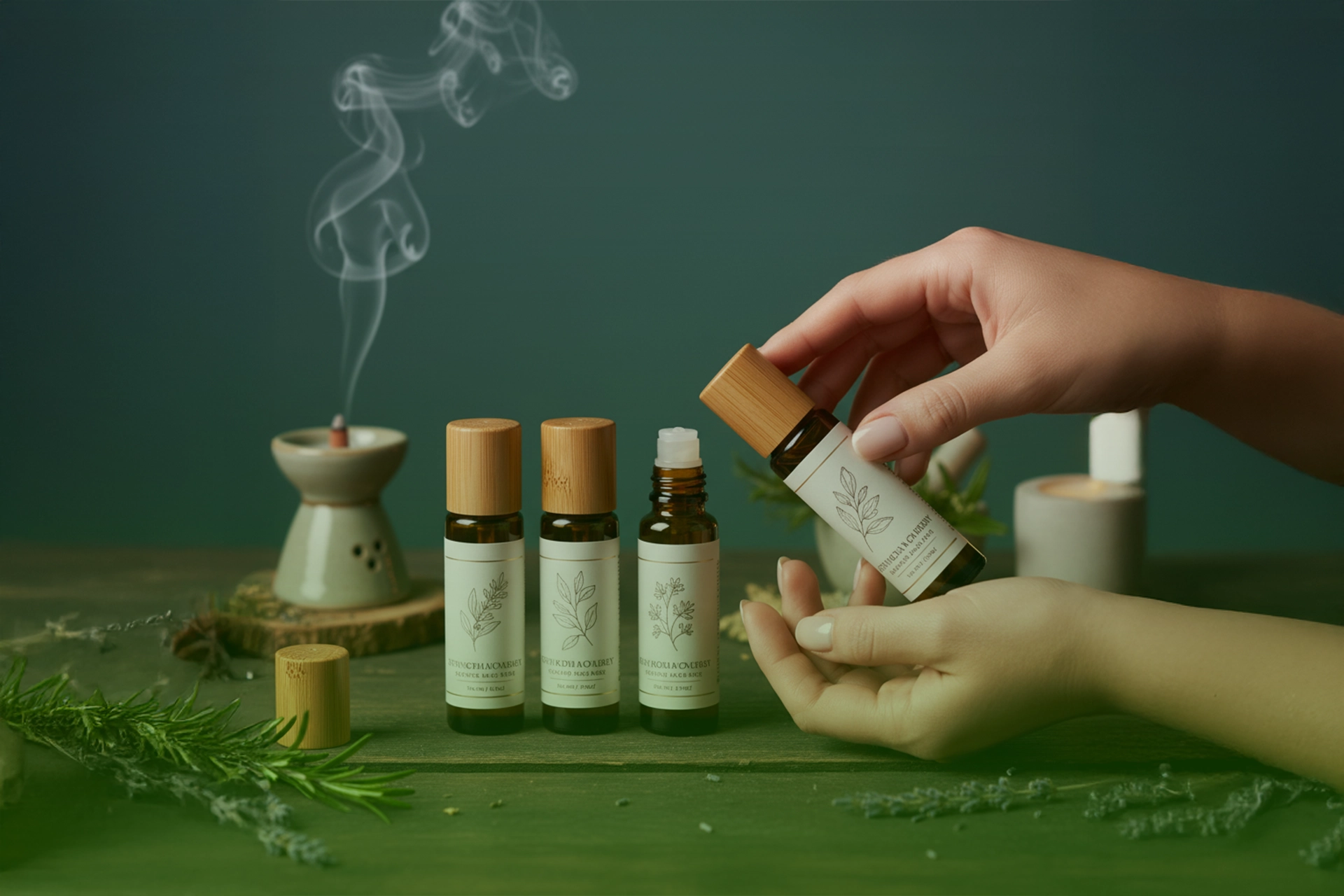 Mano aplicando un roll-on de aromaterapia sobre la muñeca junto a frascos con tapa de bambú, vela e incienso.