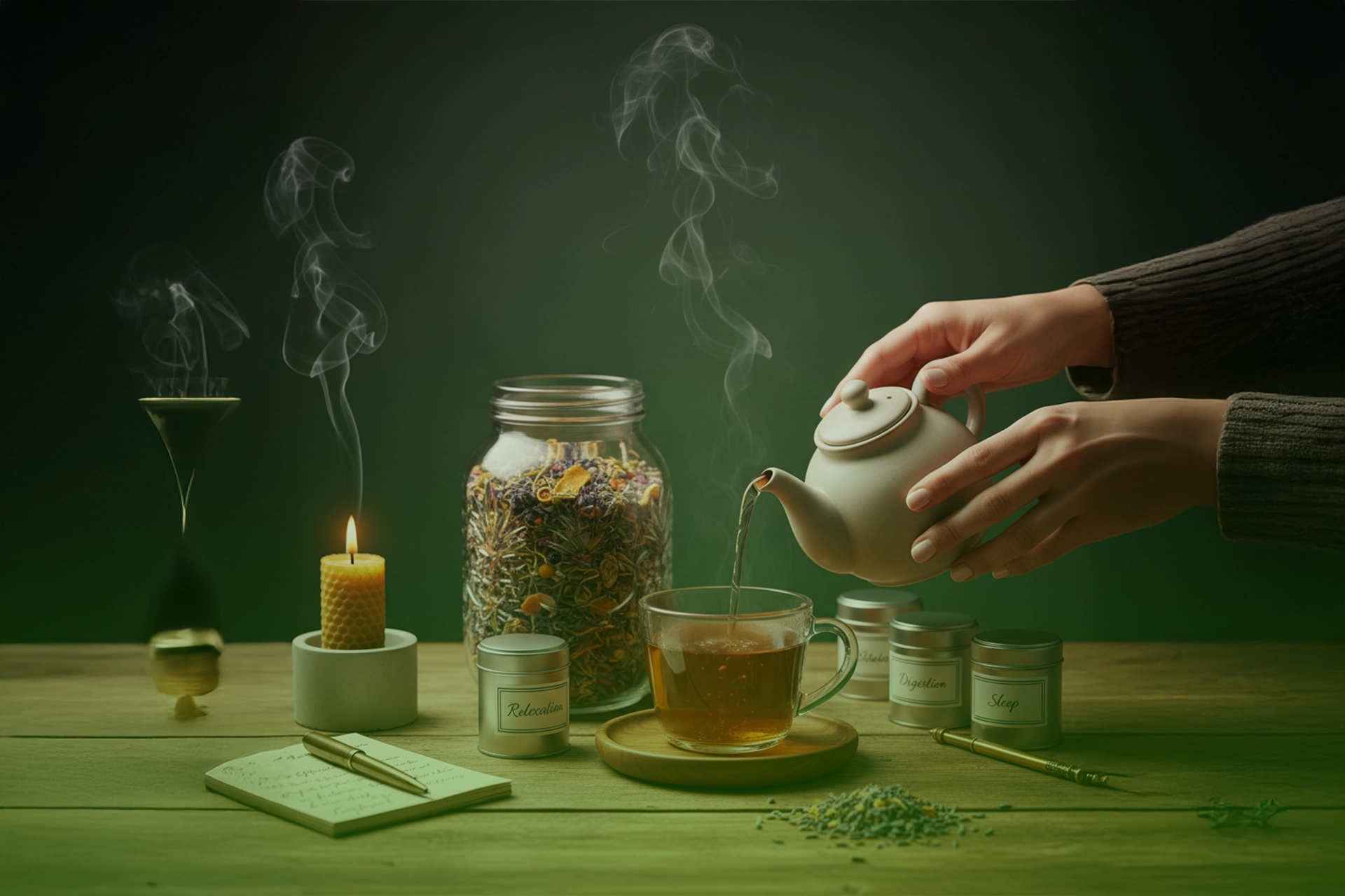 Manos sirviendo una infusión caliente desde una tetera a una taza, junto a frascos con mezclas herbales y latas etiquetadas “Relax”, “Digestión” y “Sleep”.
