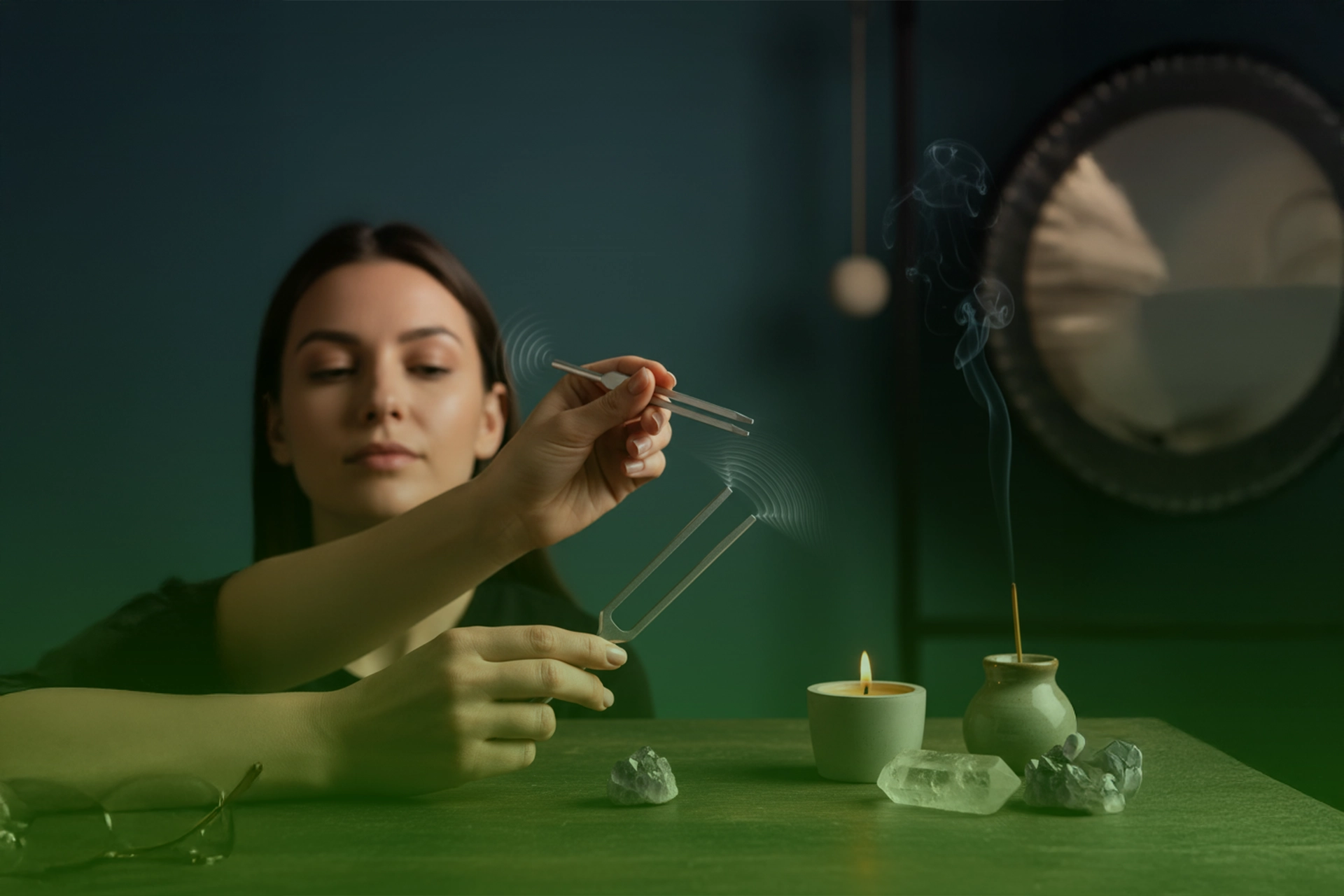 Mujer haciendo vibrar diapasones terapéuticos junto a vela, incienso y cristales sobre una mesa.