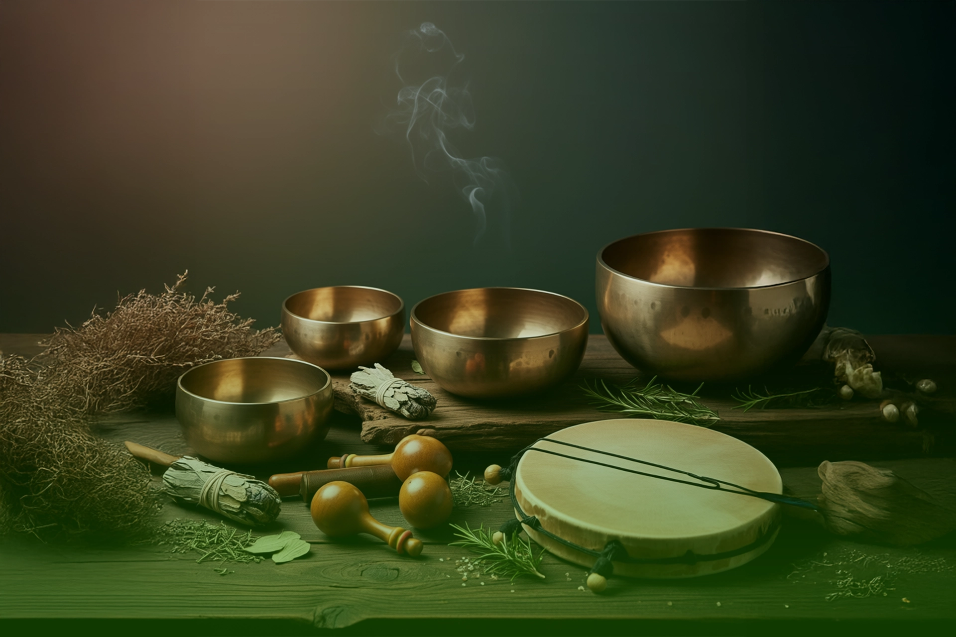 Set ritual con campanas, sonajas, maracas y tambor chamánico sobre mesa con incienso y vela encendida.