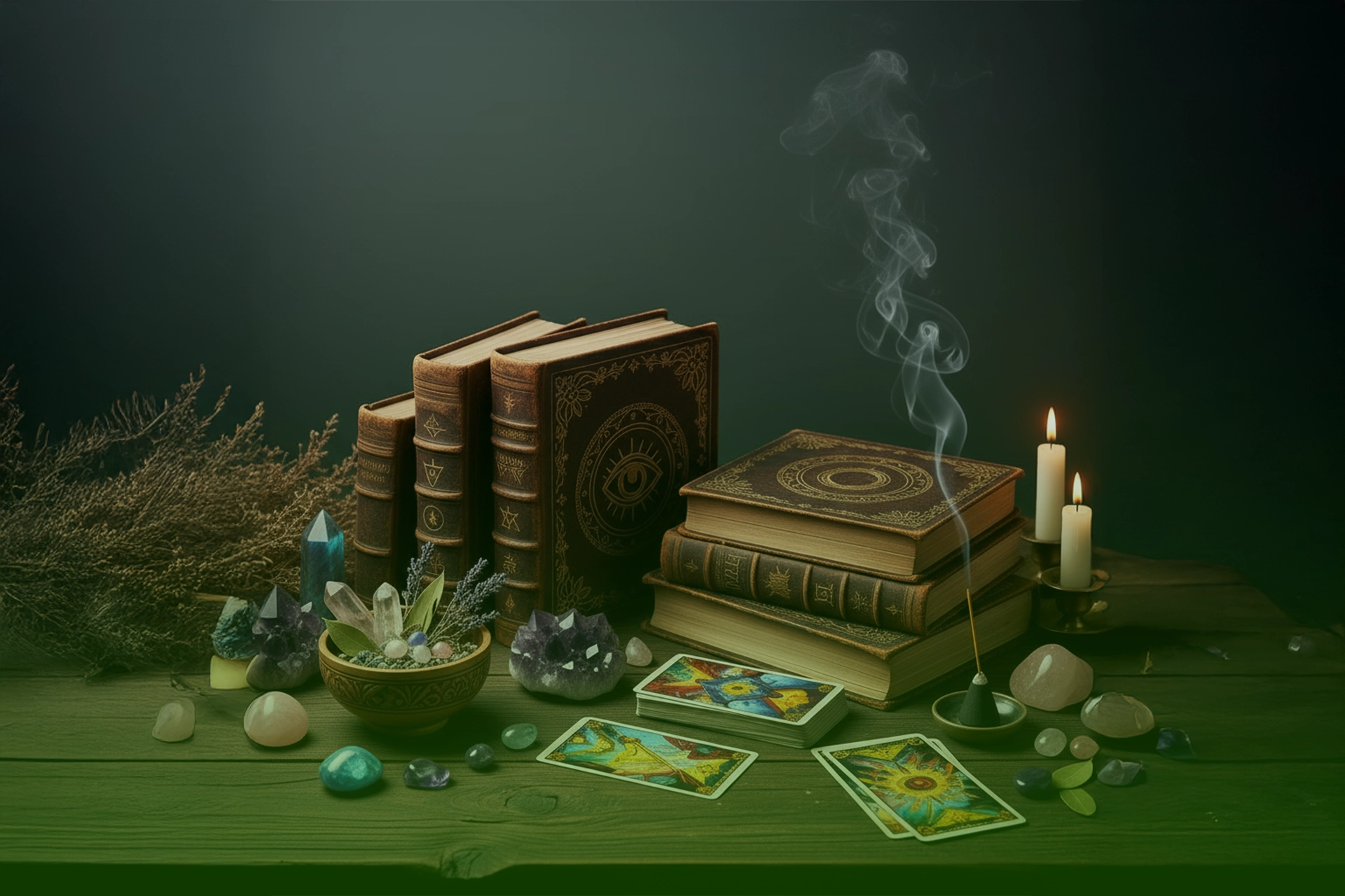 Conjunto de libros de aspecto antiguo con símbolos esotéricos, barajas de tarot extendidas, cristales y un incienso humeante junto a dos velas sobre mesa de madera.