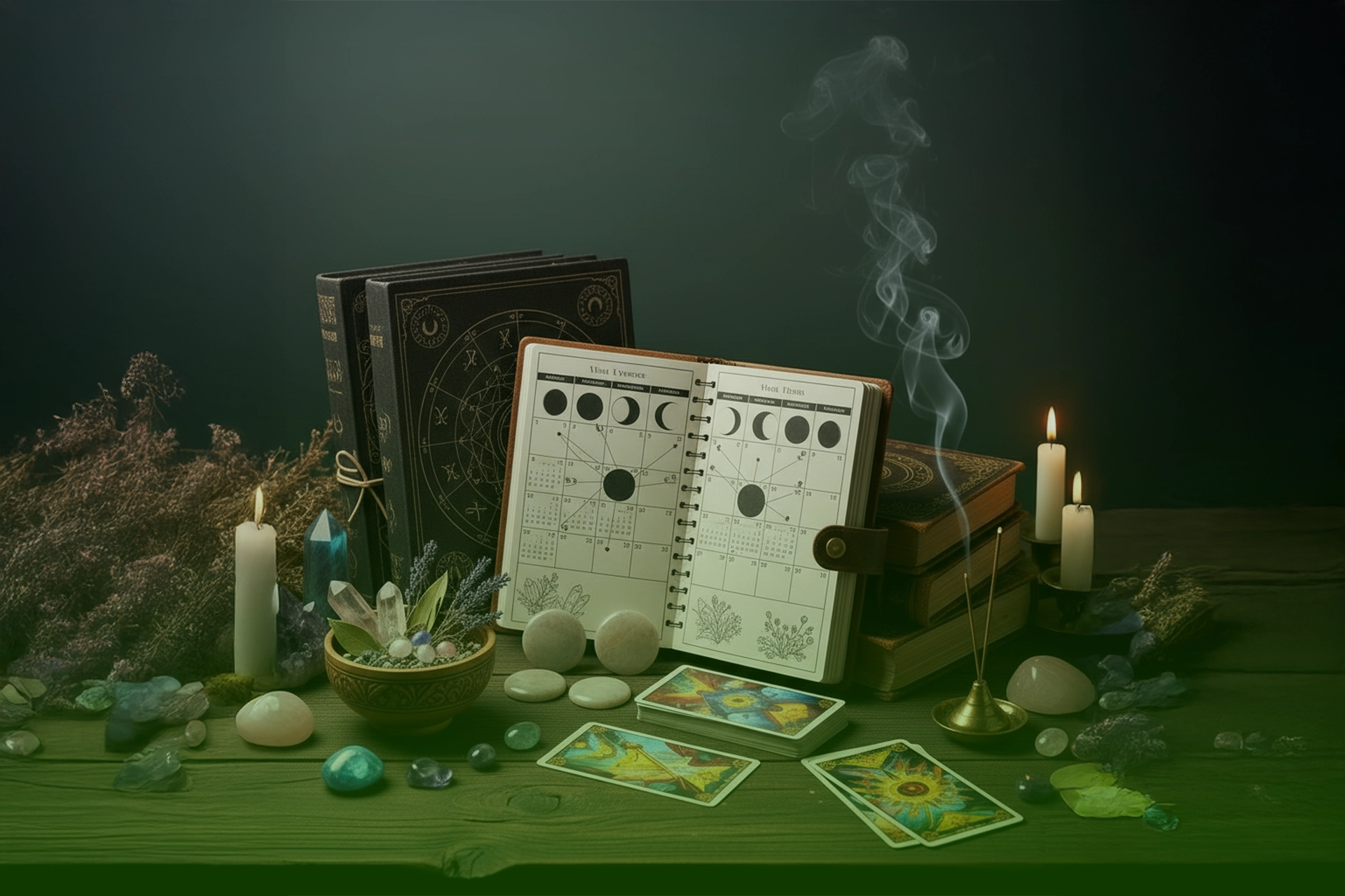 Agenda abierta con calendario de fases lunares, rodeada de libros esotéricos, cristales, cartas de tarot, velas e incienso humeante sobre mesa de madera.