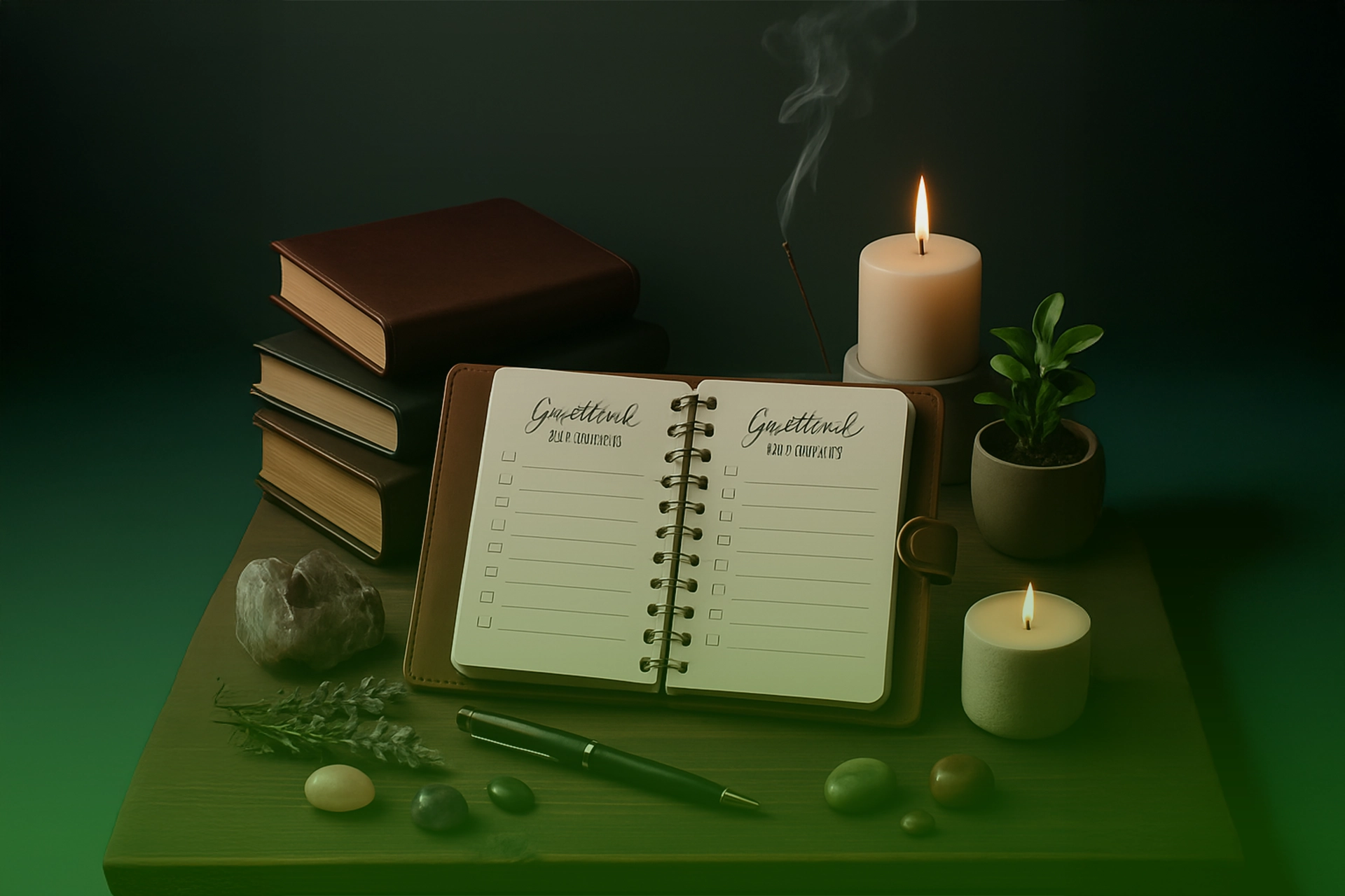 Diario anillado abierto con listas de gratitud, rodeado de libros, velas encendidas, incienso humeante, cristales, planta y bolígrafo sobre mesa de madera.