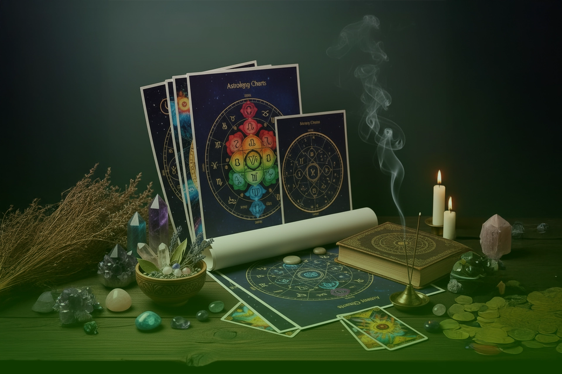 Pósters ilustrados de chakras y cartas astrológicas sobre mesa con cristales, incienso humeante y velas encendidas.