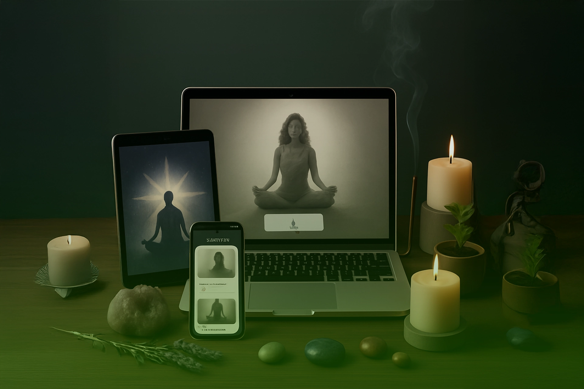 Dispositivos con cursos y meditaciones en pantalla —laptop, tablet y móvil— rodeados de velas, incienso y piedras sobre una mesa.