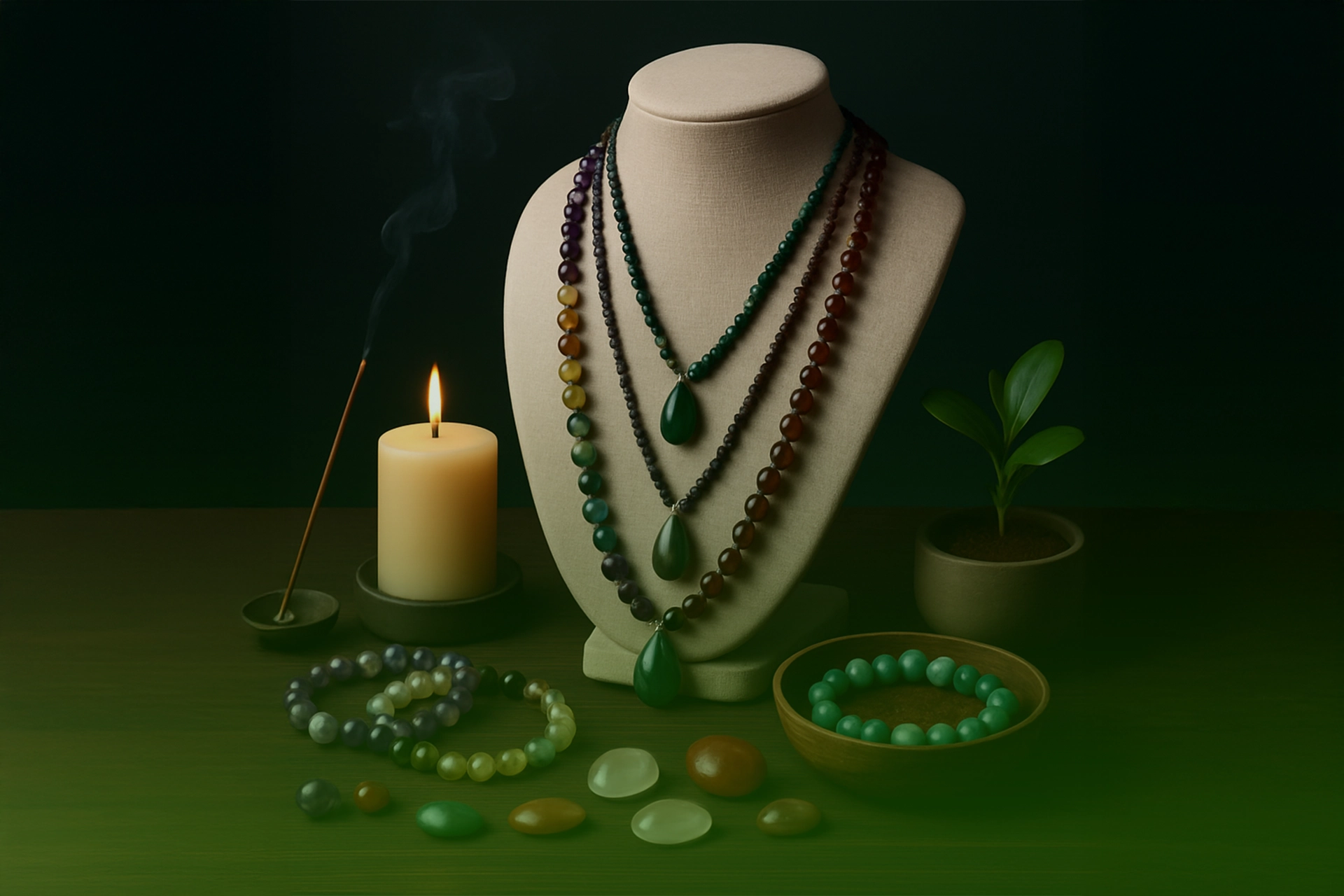 Maniquí con collares de piedras naturales y pulseras energéticas sobre mesa, junto a vela e incienso encendidos.